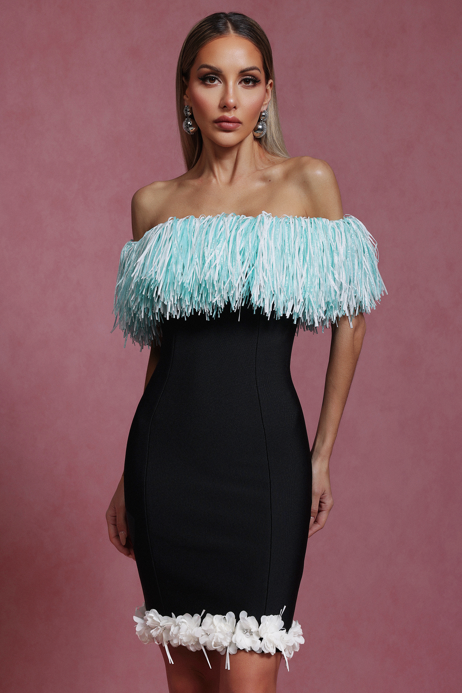 Lucy Off-The-Shoulder Tassel Flowers Bandage Mini Dress