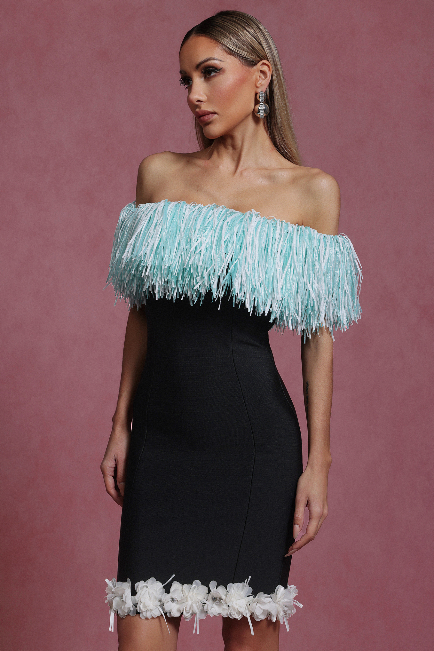 Lucy Off-The-Shoulder Tassel Flowers Bandage Mini Dress