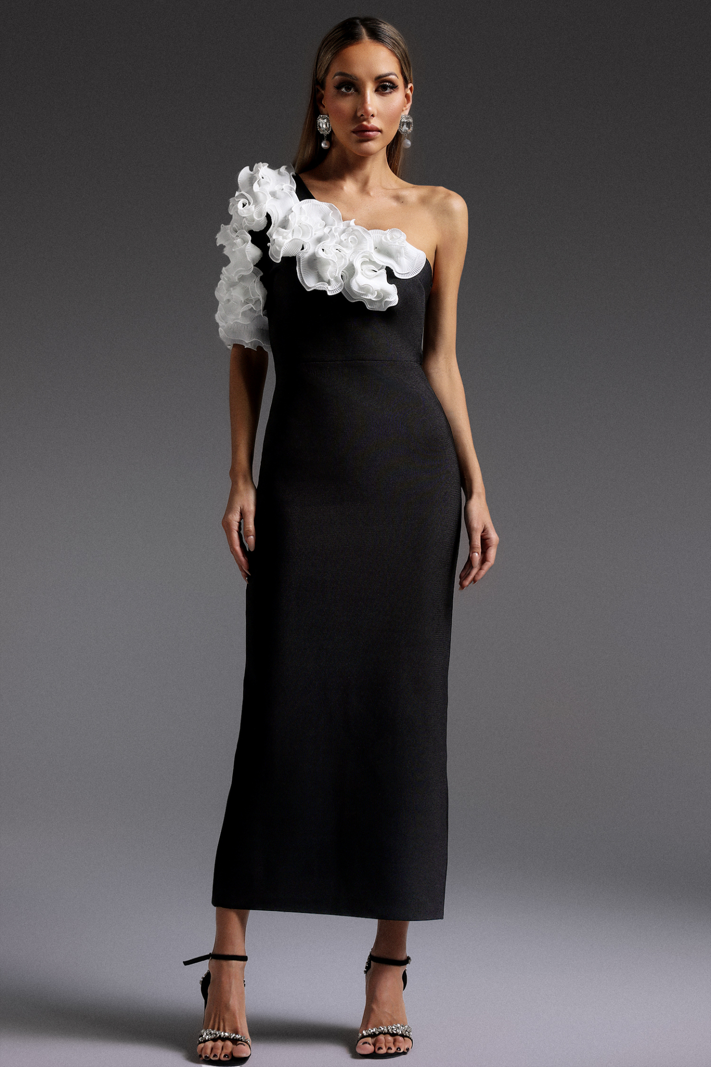 Kila One Shoulder Flowers Bandage Midi Dress