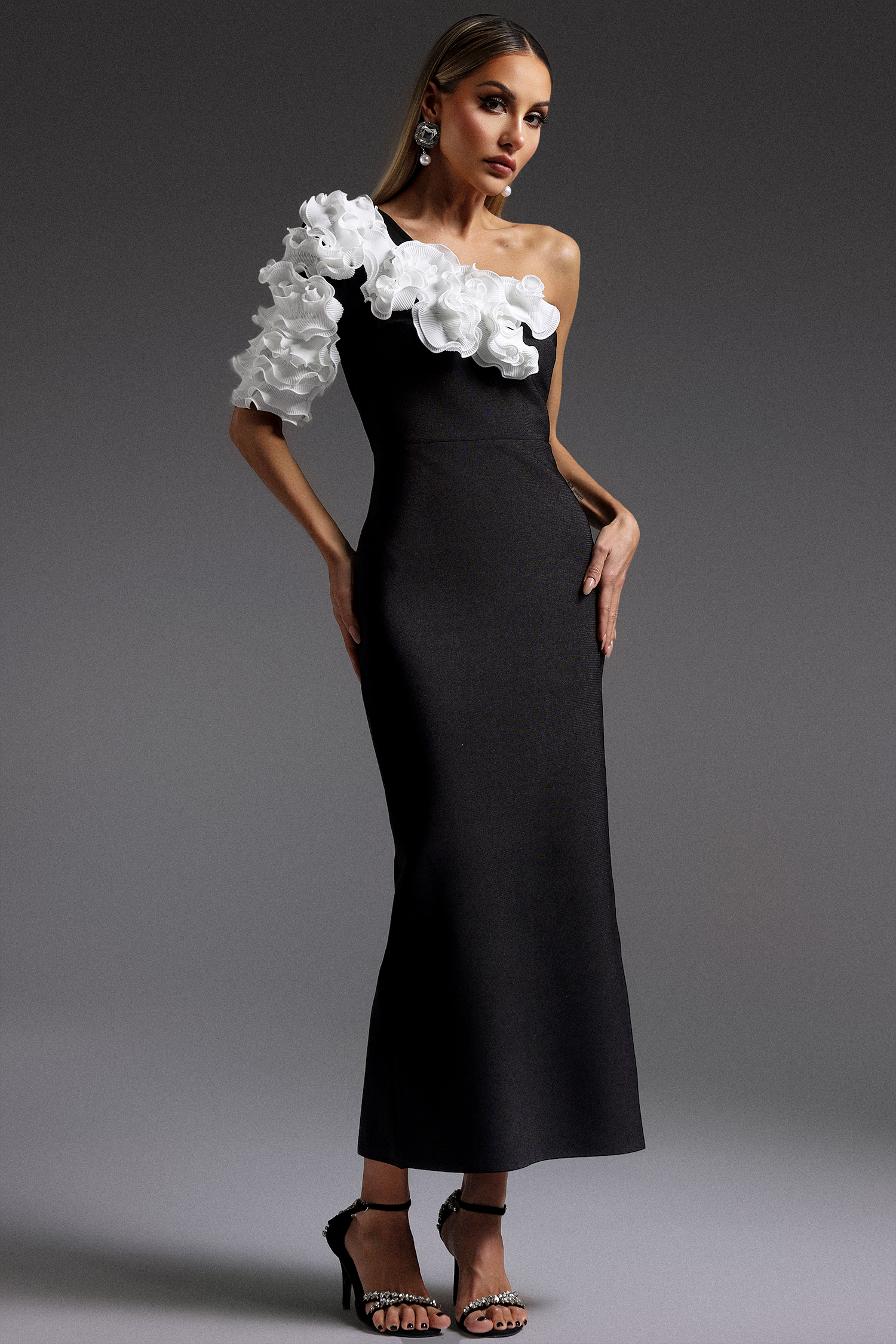 Kila One Shoulder Flowers Bandage Midi Dress