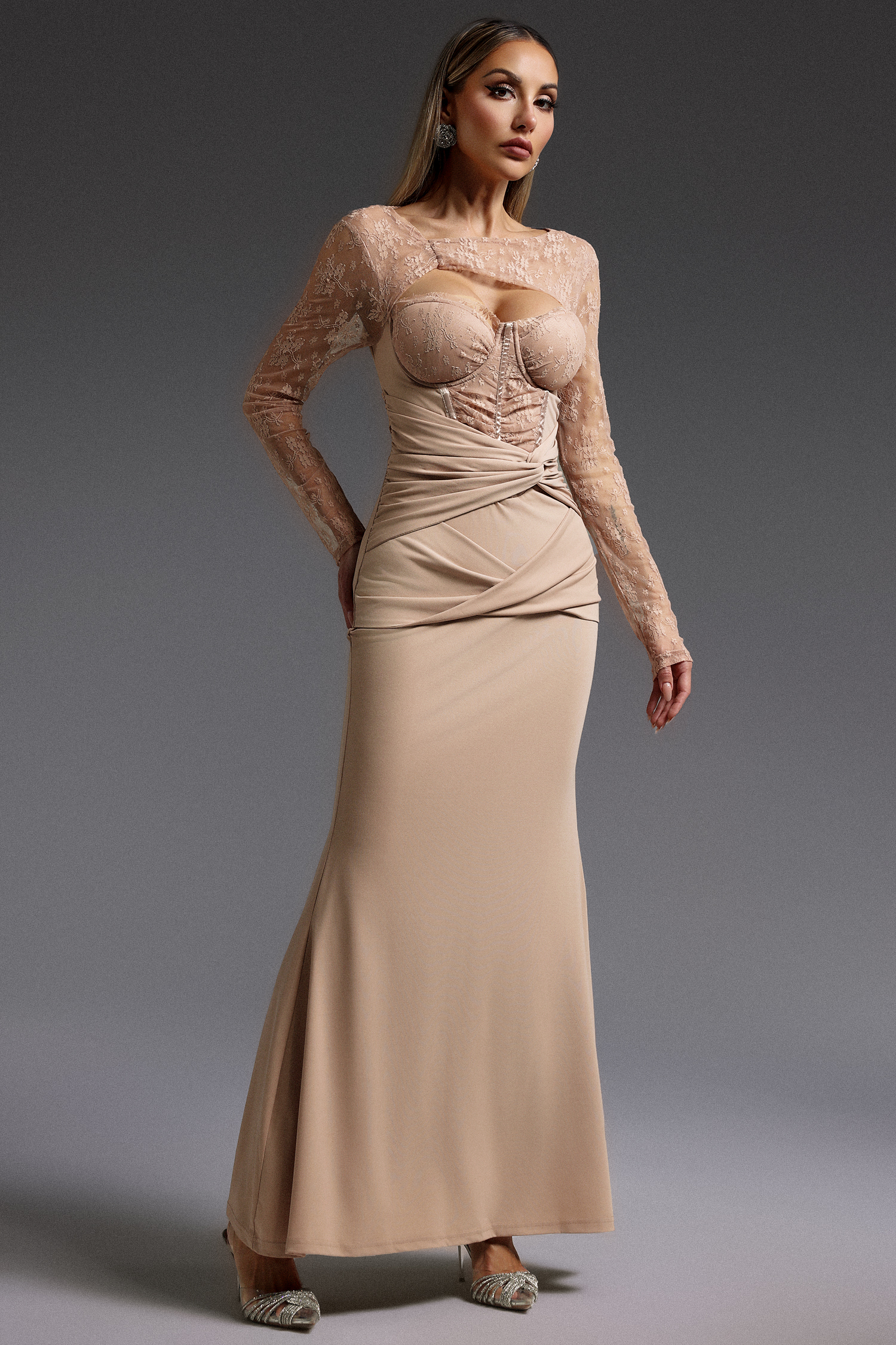 Yetta Long Sleeve Hollow Out Lace Maxi Dress