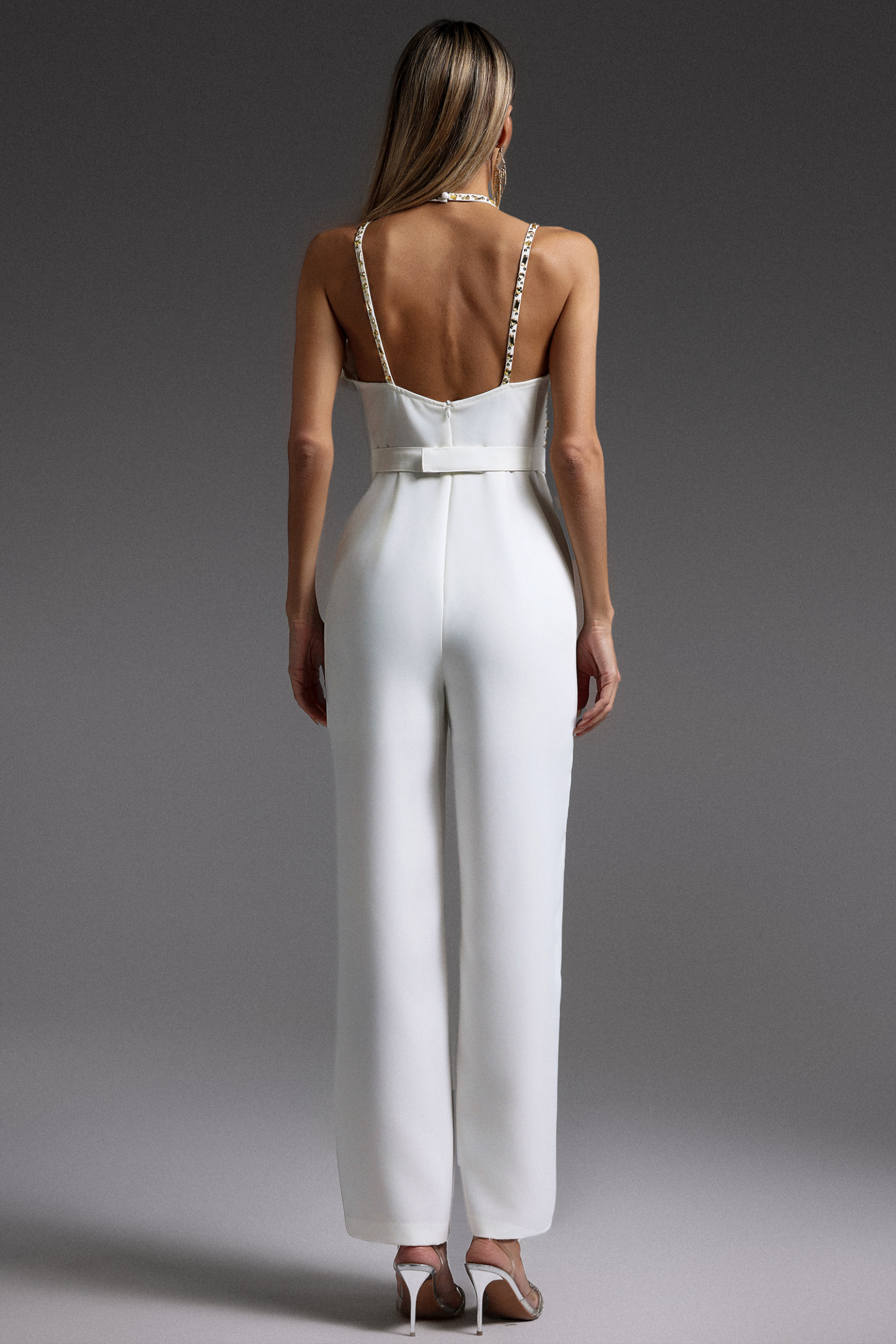 Vanina Halter Sleeveless V-Neck Diamond Maxi Jumpsuit