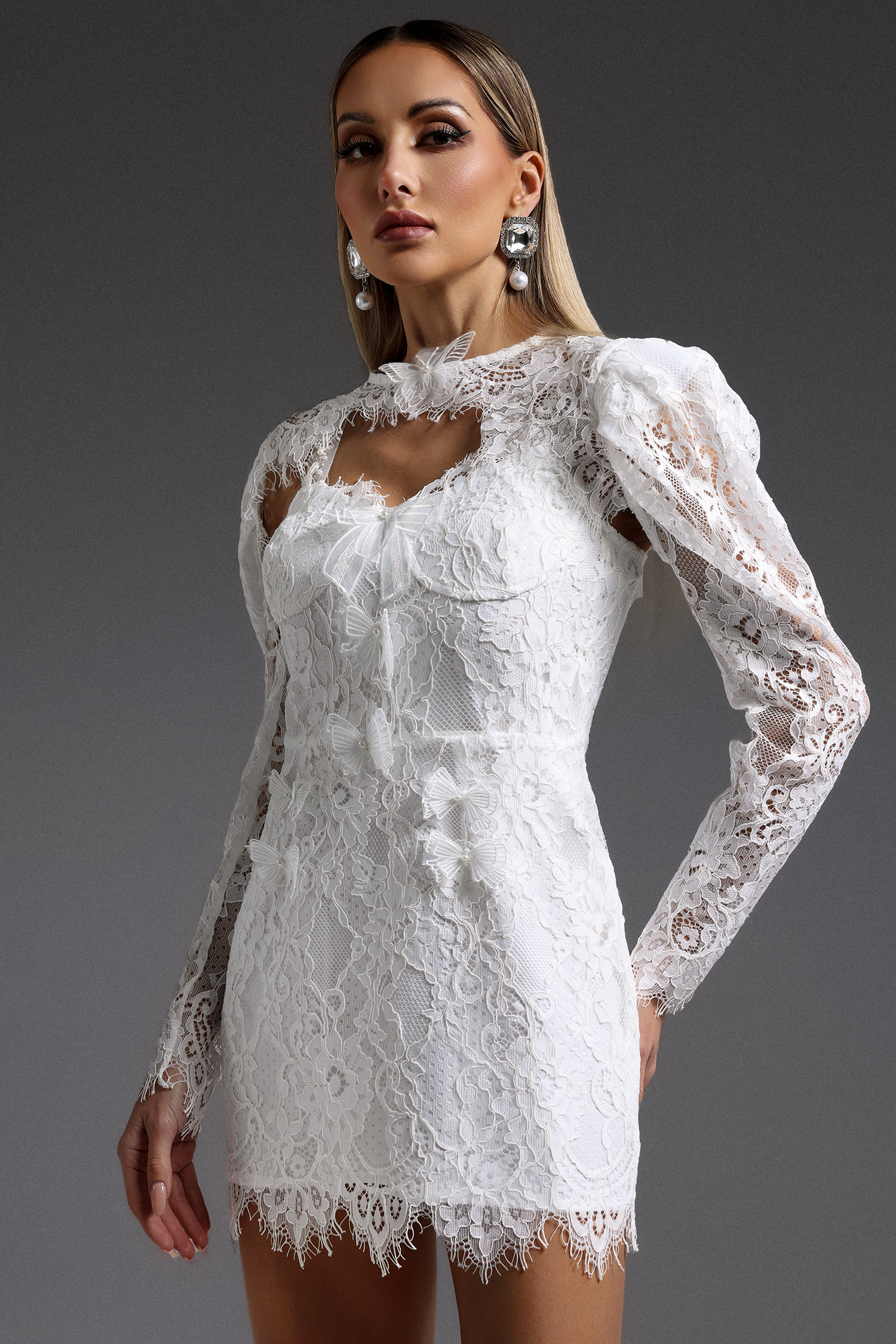 Hooded Puff Sleeve Lace Mini Dress