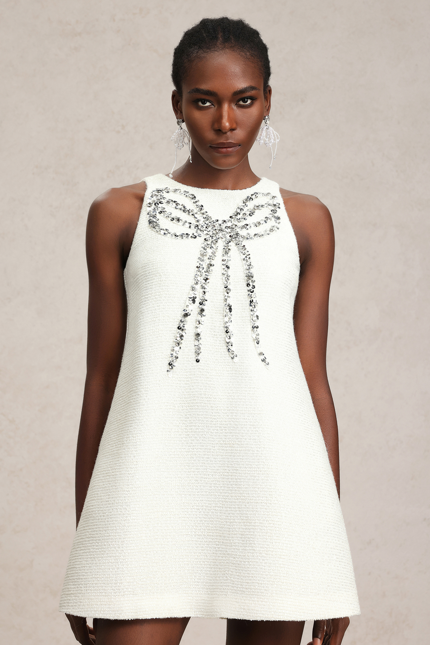 Tesare Round Neck Sleeveless Sequin Bowknot Mini Dress
