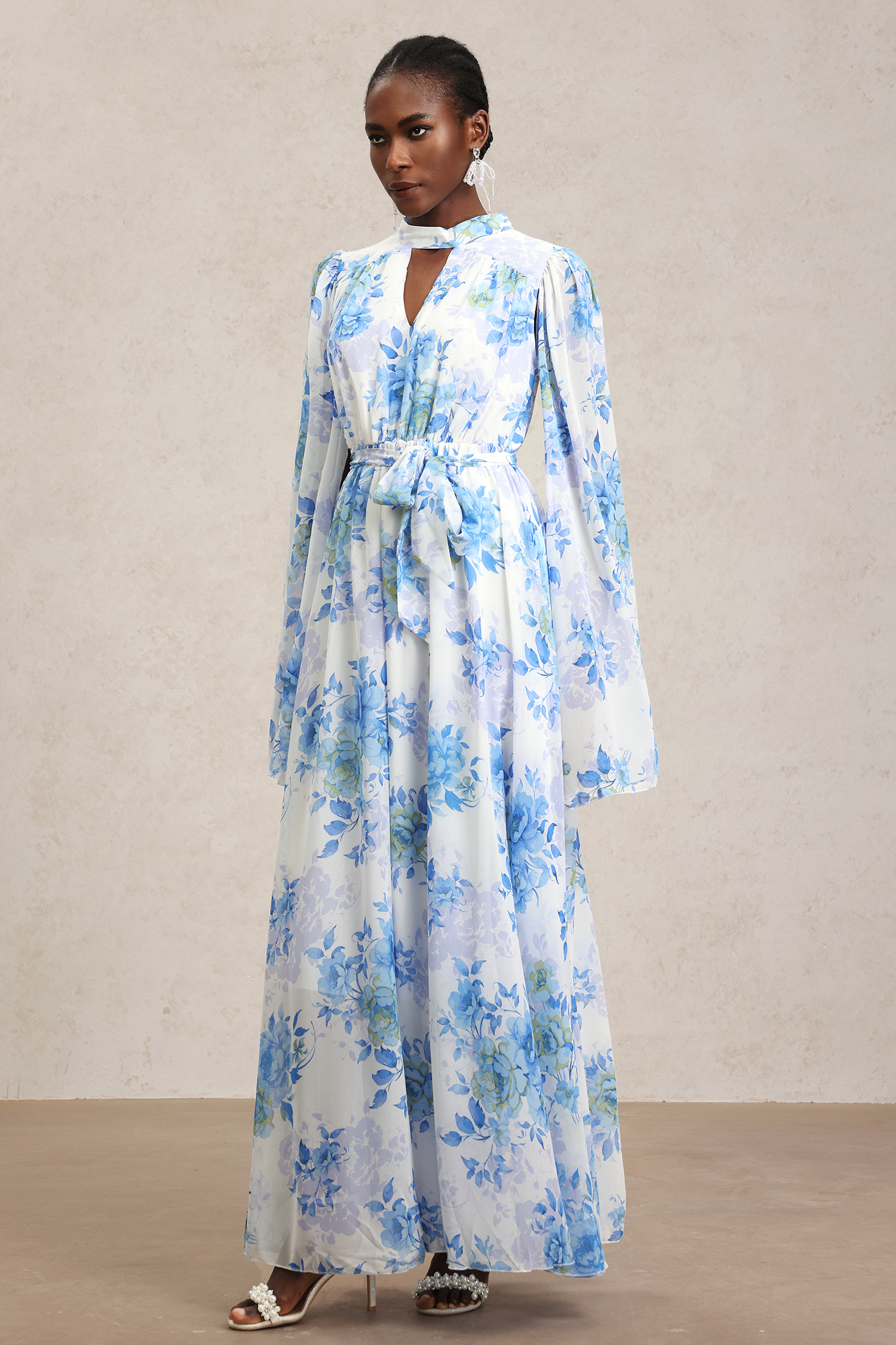 Xynia Slit Long Sleeve Floral Printed Maxi Dress