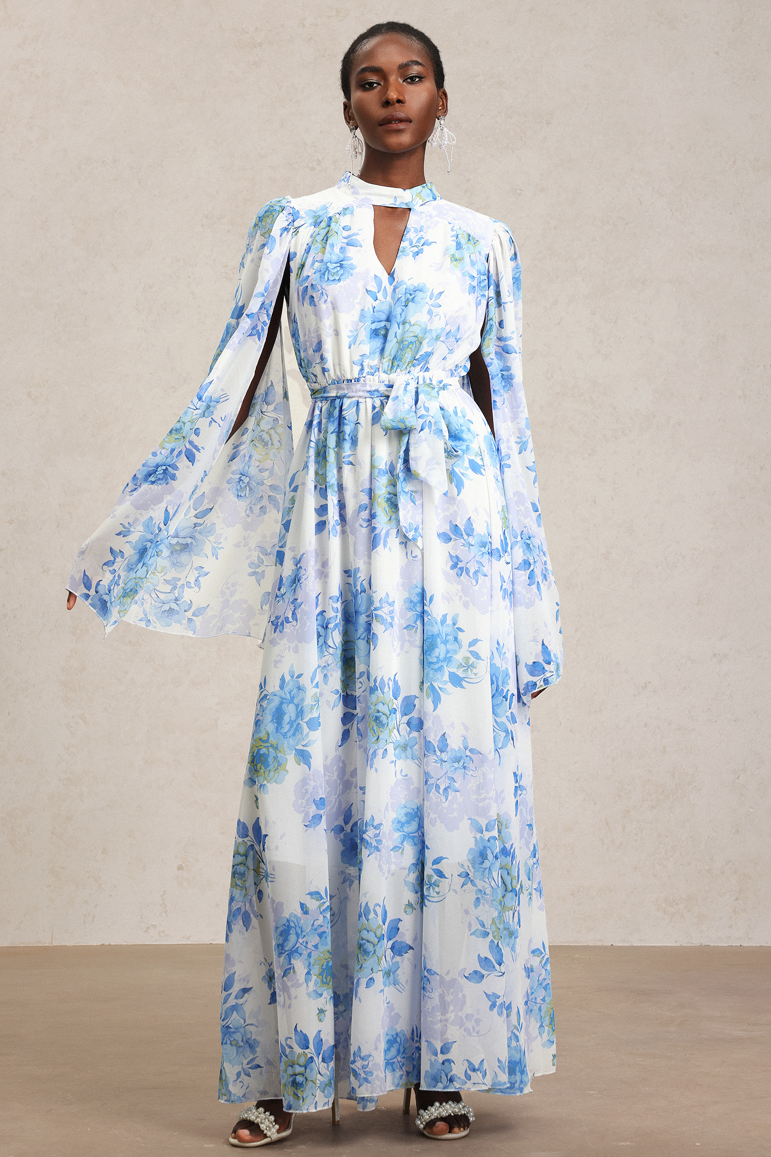 Xynia Slit Long Sleeve Floral Printed Maxi Dress