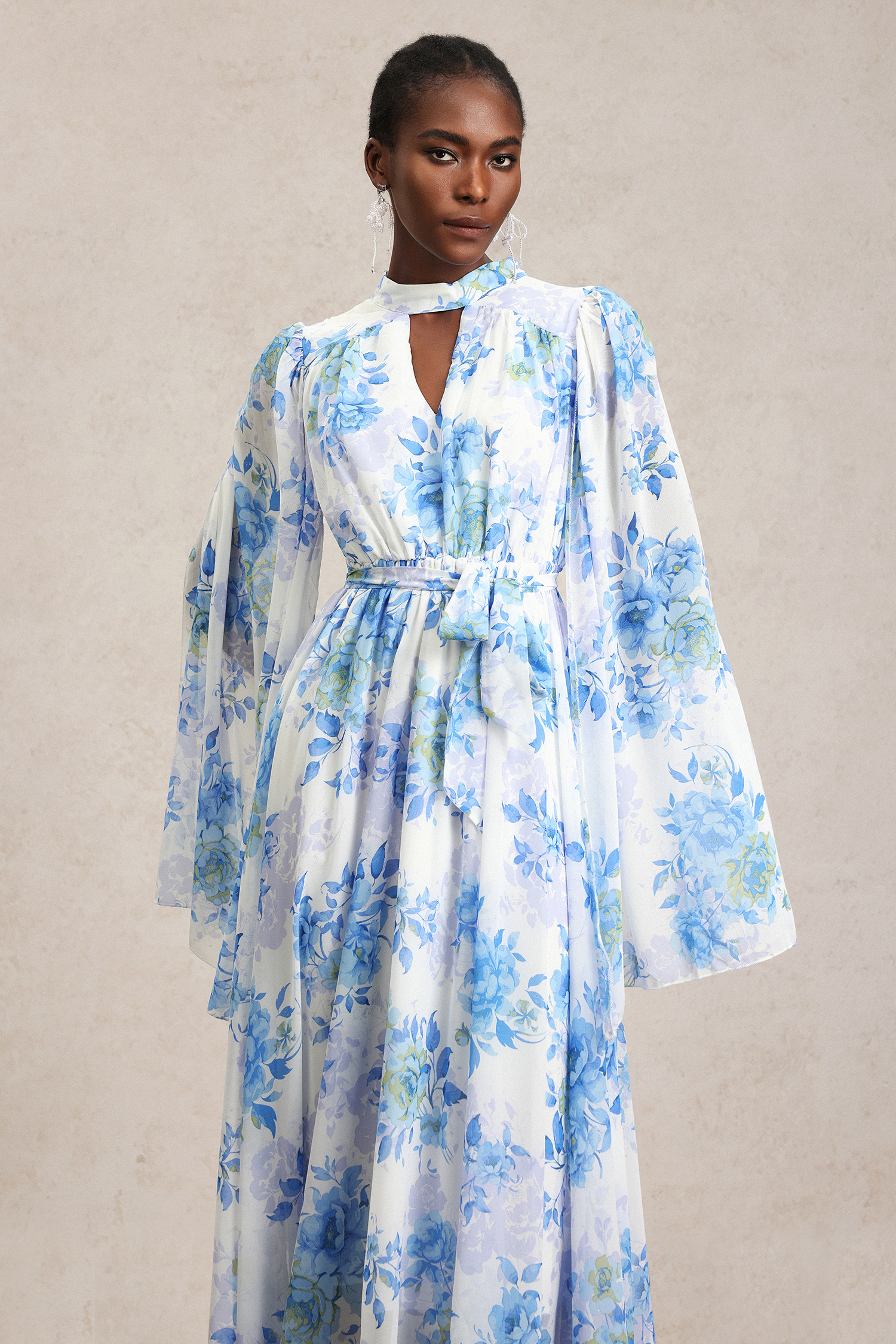 Xynia Slit Long Sleeve Floral Printed Maxi Dress