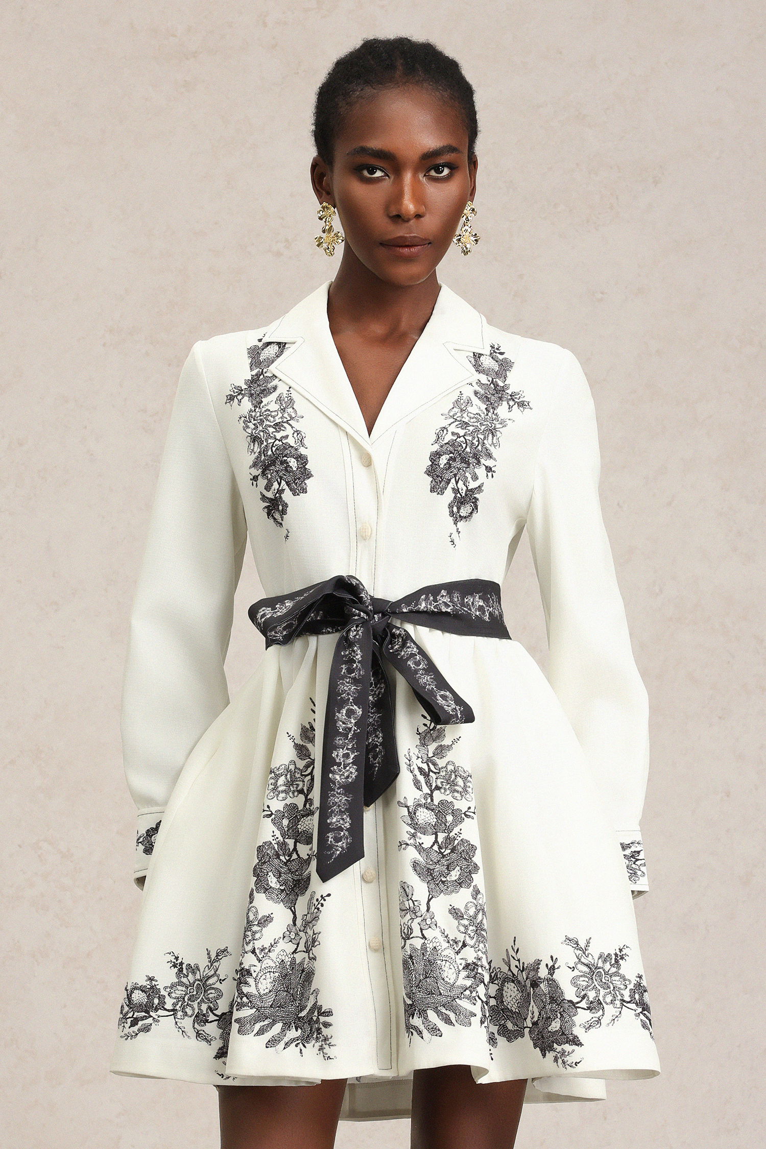 Sarah Long Sleeve Floral Printed Bowknot Shirt Mini Dress