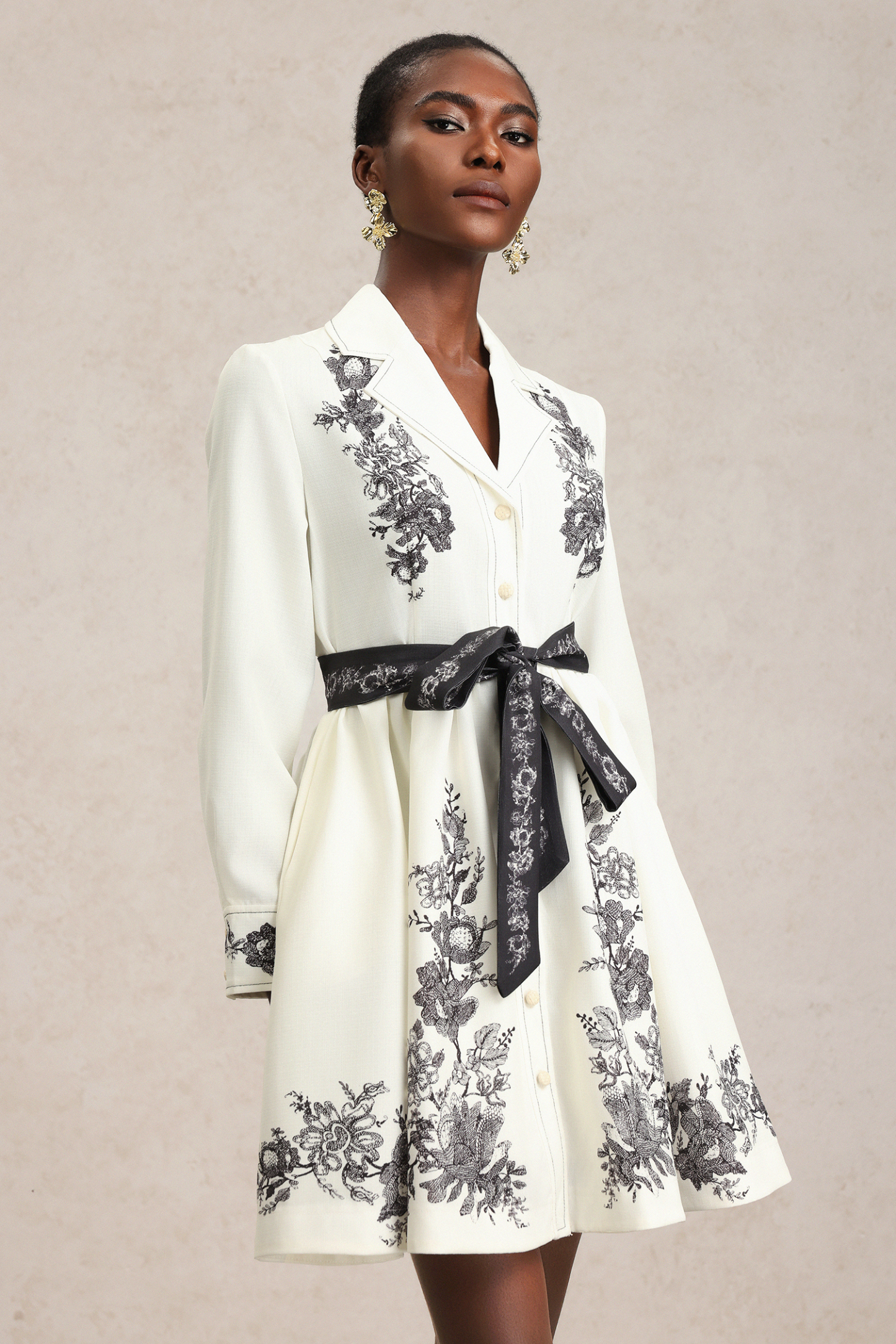 ★送料・関税込★INSTANTFUNK★22SS Floral-print mini dress★ Sarah Long Sleeve Floral Printed Bowknot Shirt Mini Dress
