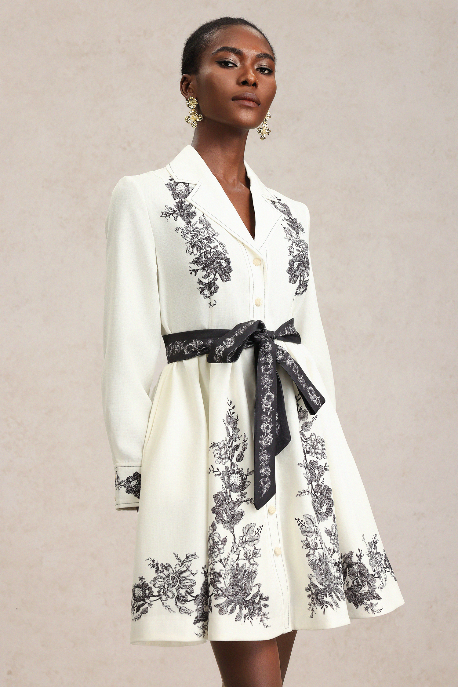 Sarah Long Sleeve Floral Printed Bowknot Shirt Mini Dress