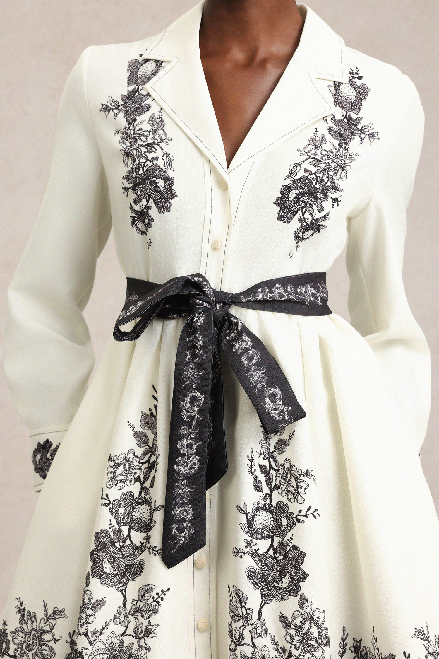 Sarah Long Sleeve Floral Printed Bowknot Shirt Mini Dress