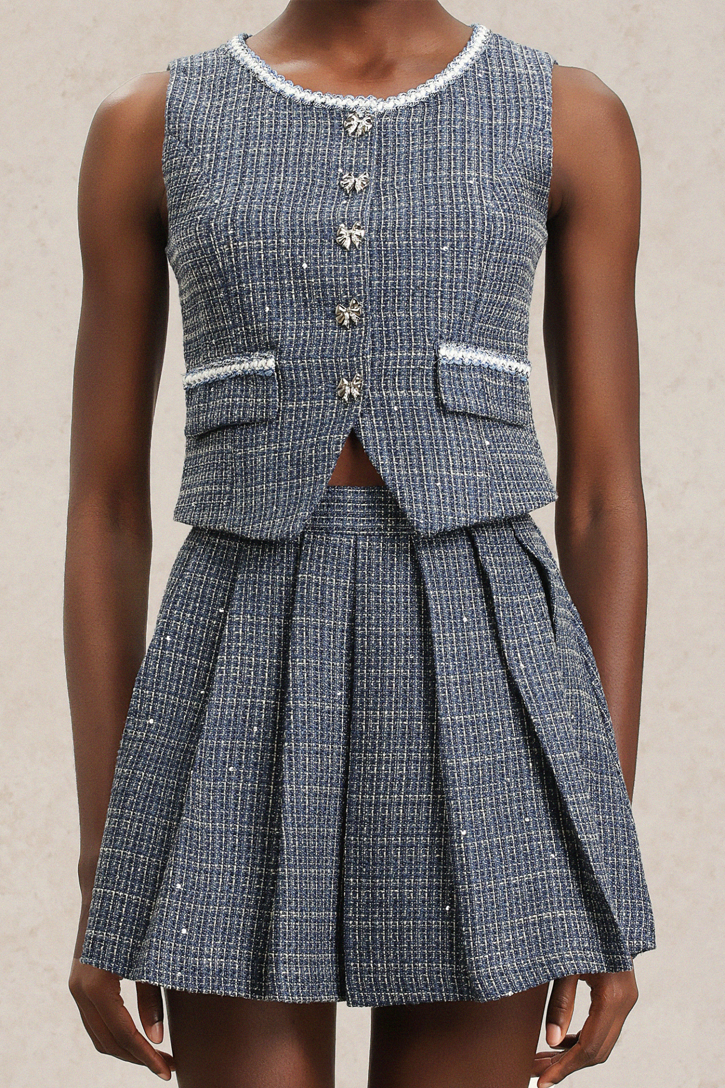 Xapana Sleeveless Bowknot Button Top And Skirt Two-Piece Set