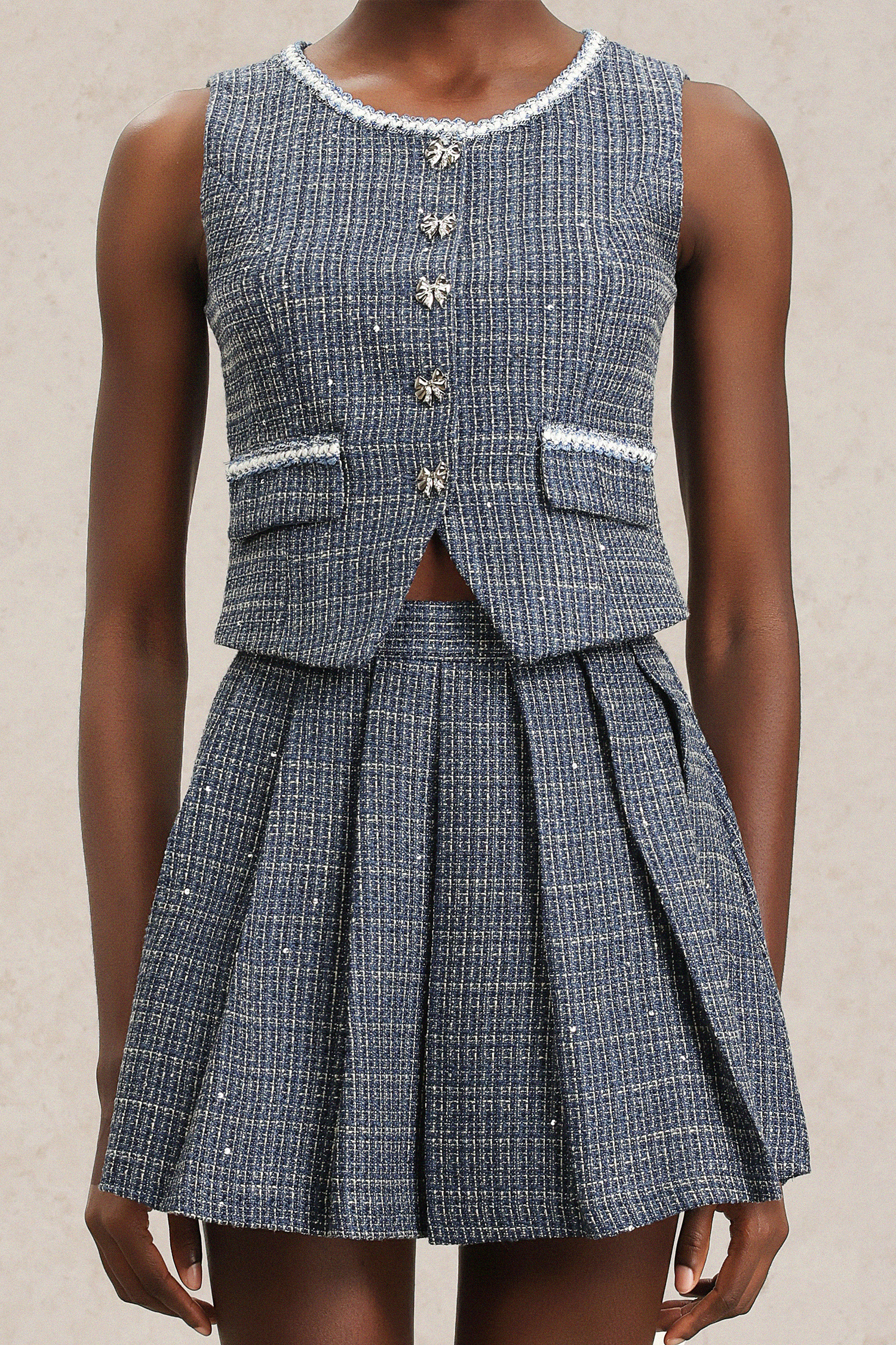 Xapana Sleeveless Bowknot Button Top And Skirt Two-Piece Set