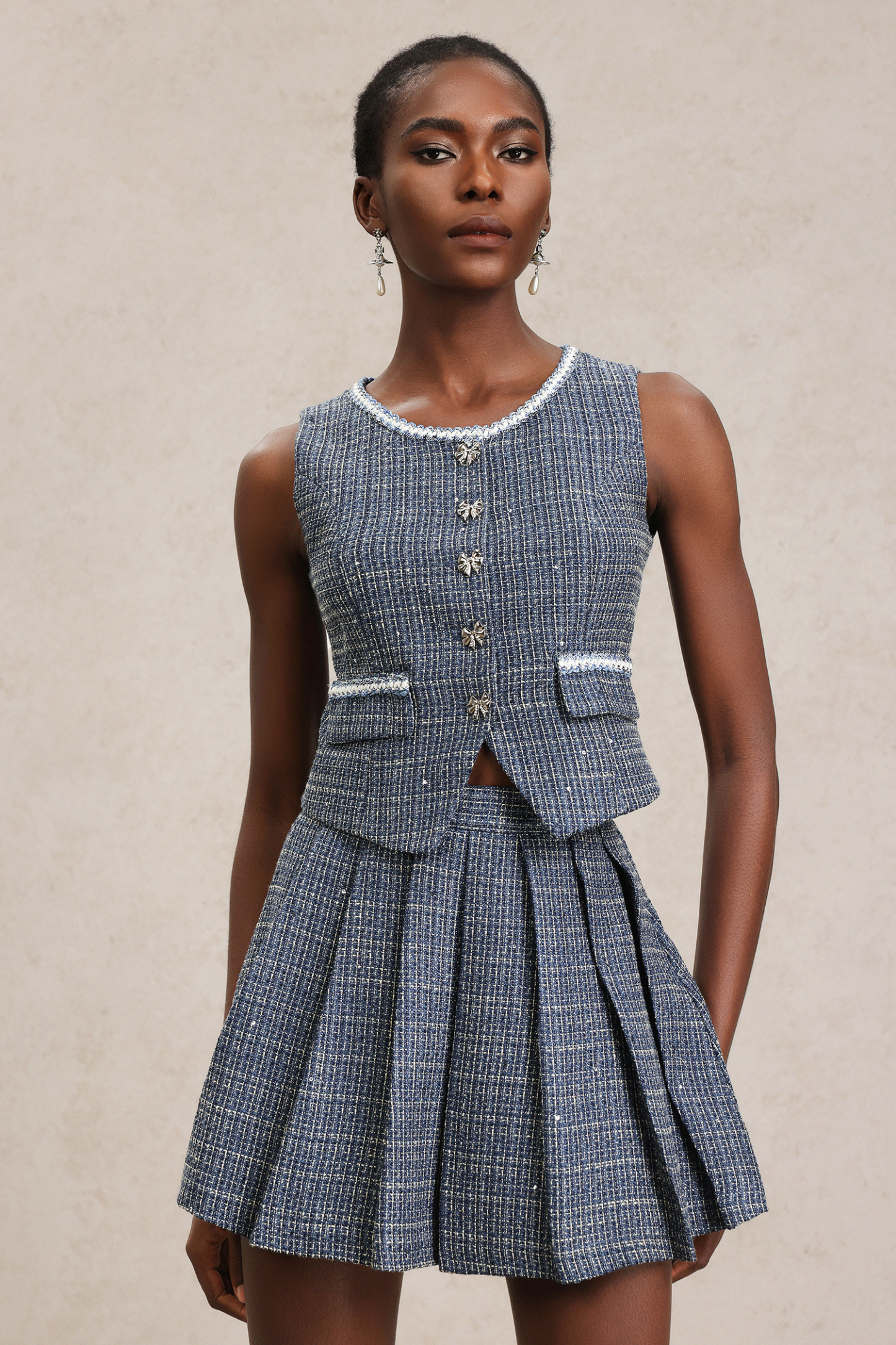 Xapana Sleeveless Bowknot Button Top And Skirt Two-Piece Set