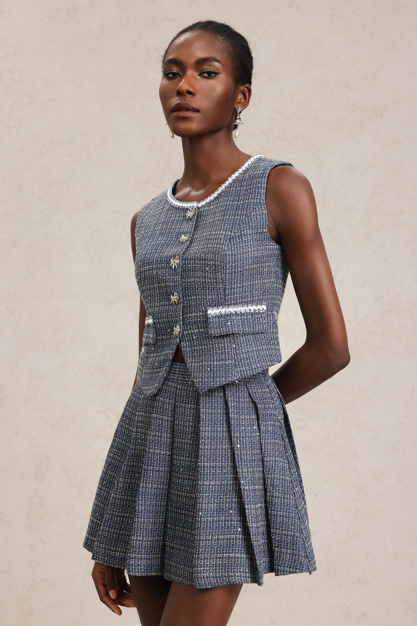 Xapana Sleeveless Bowknot Button Top And Skirt Two-Piece Set