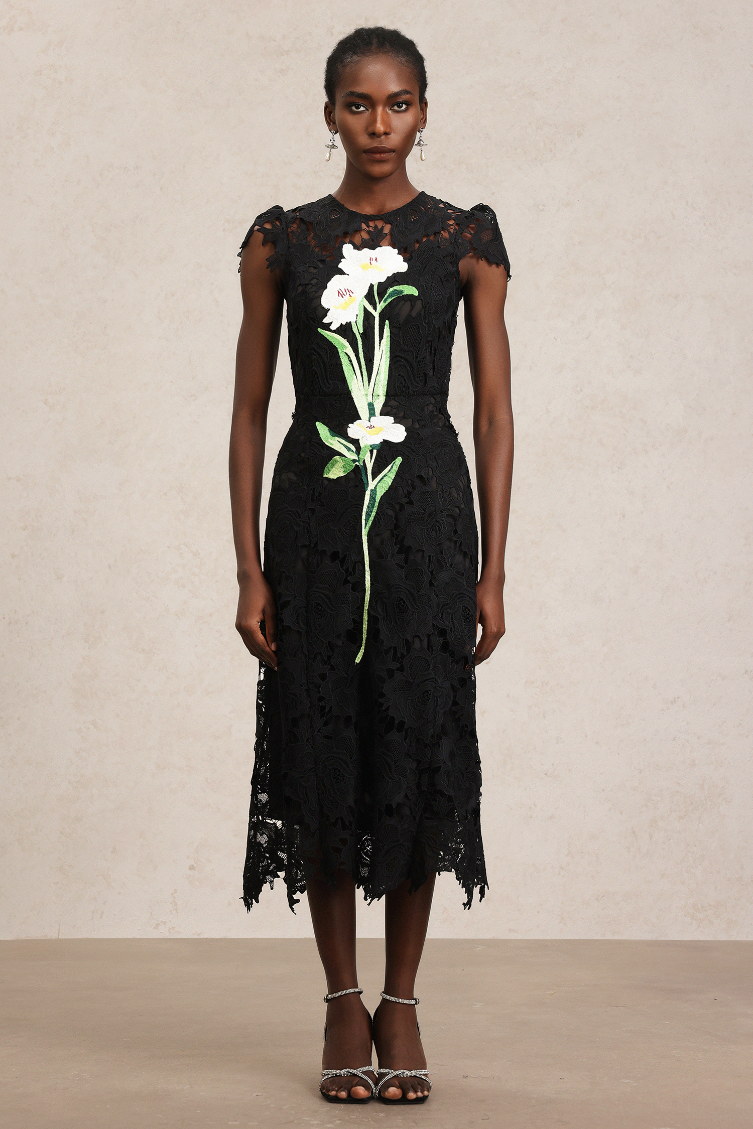 Resber Flowers Sleeveless Lace Midi Dress