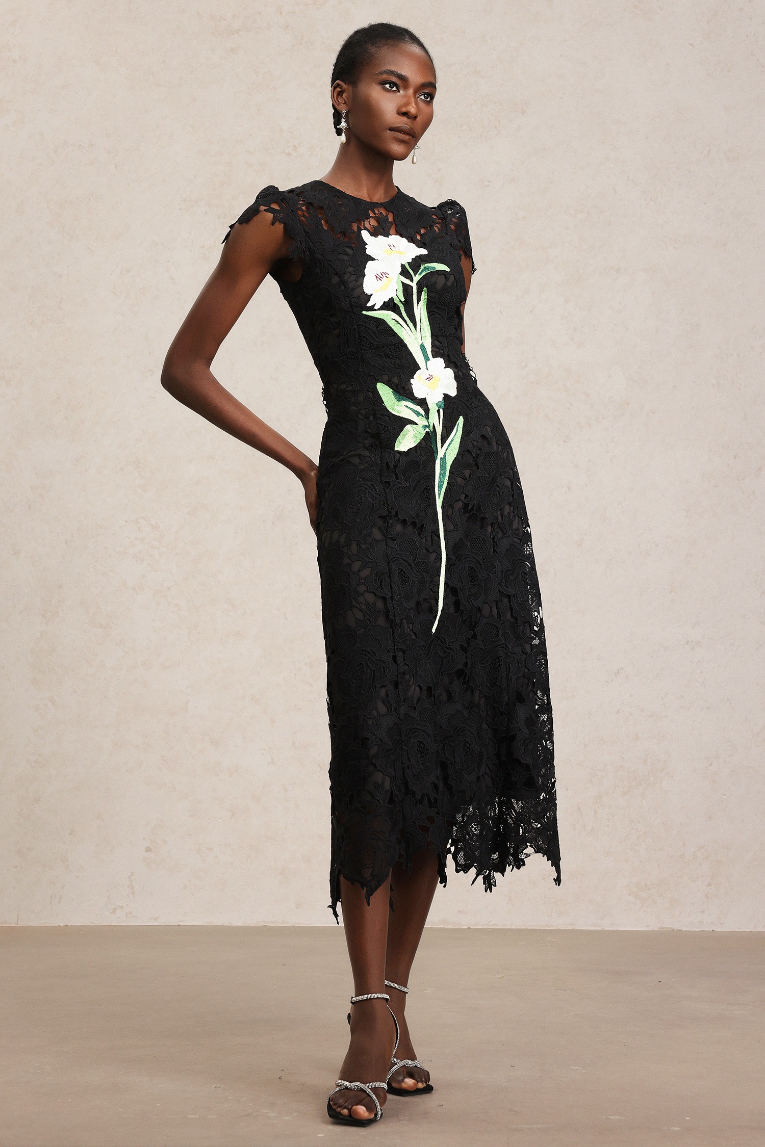 Resber Flowers Sleeveless Lace Midi Dress