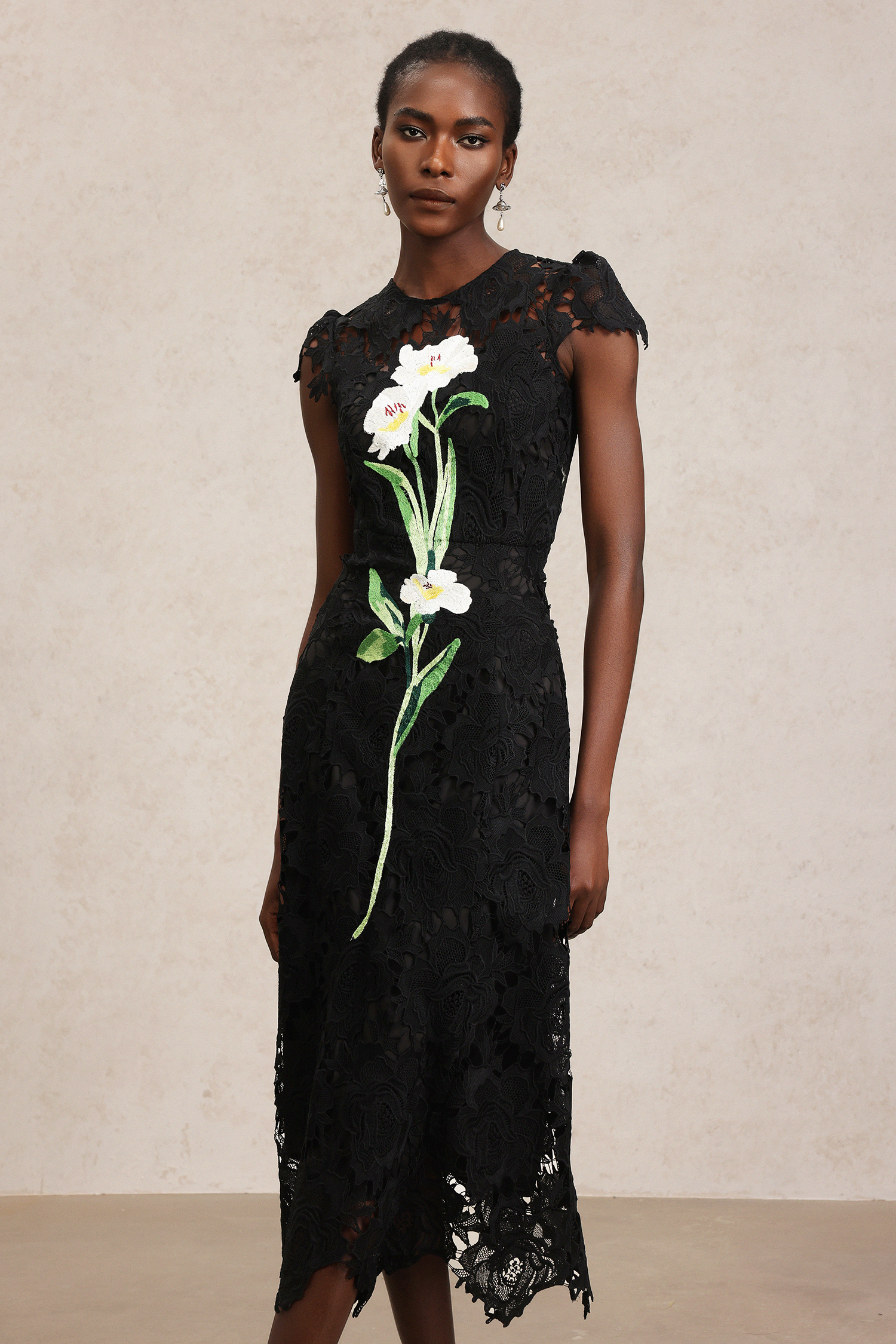 Resber Flowers Sleeveless Lace Midi Dress