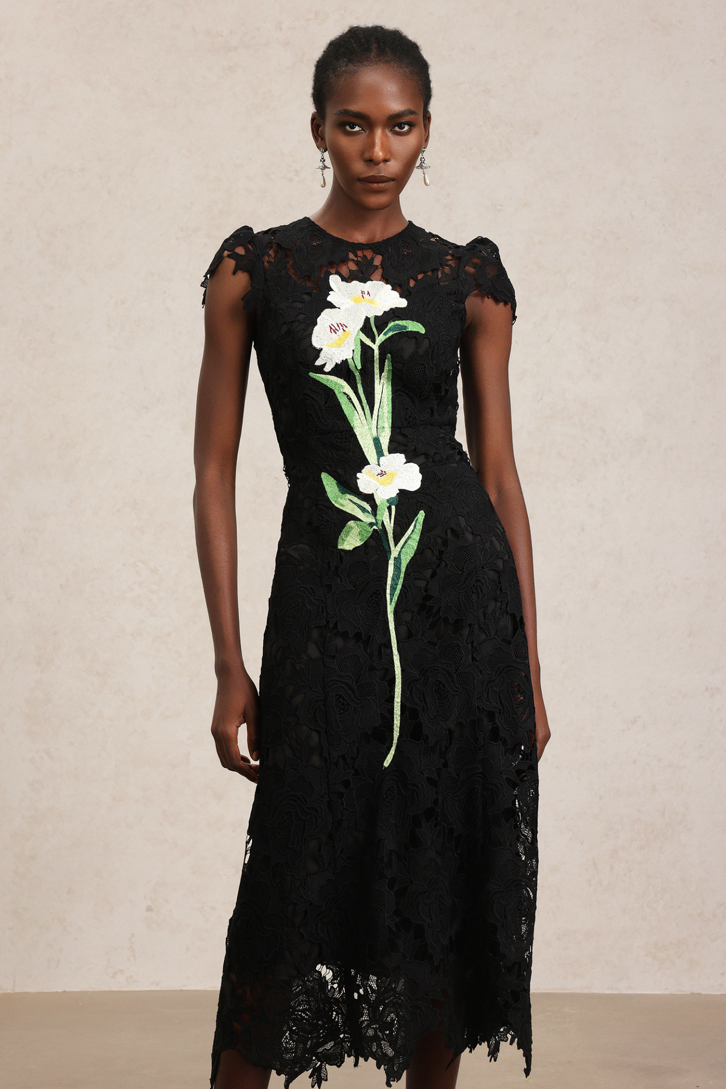 Resber Flowers Sleeveless Lace Midi Dress