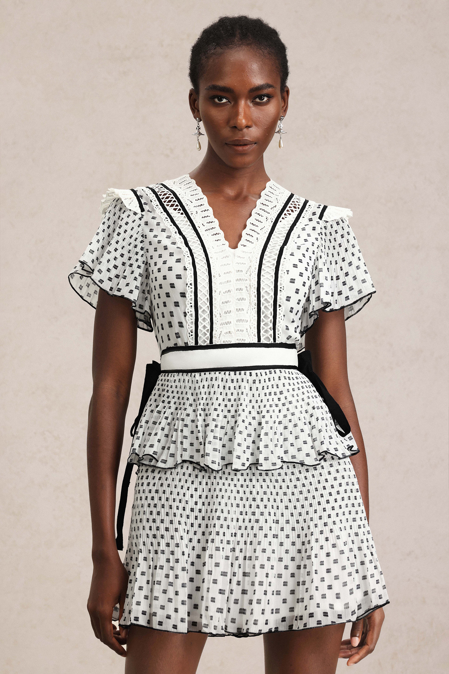 Pelosy Dot Printed V-Neck Layered Mini Dress