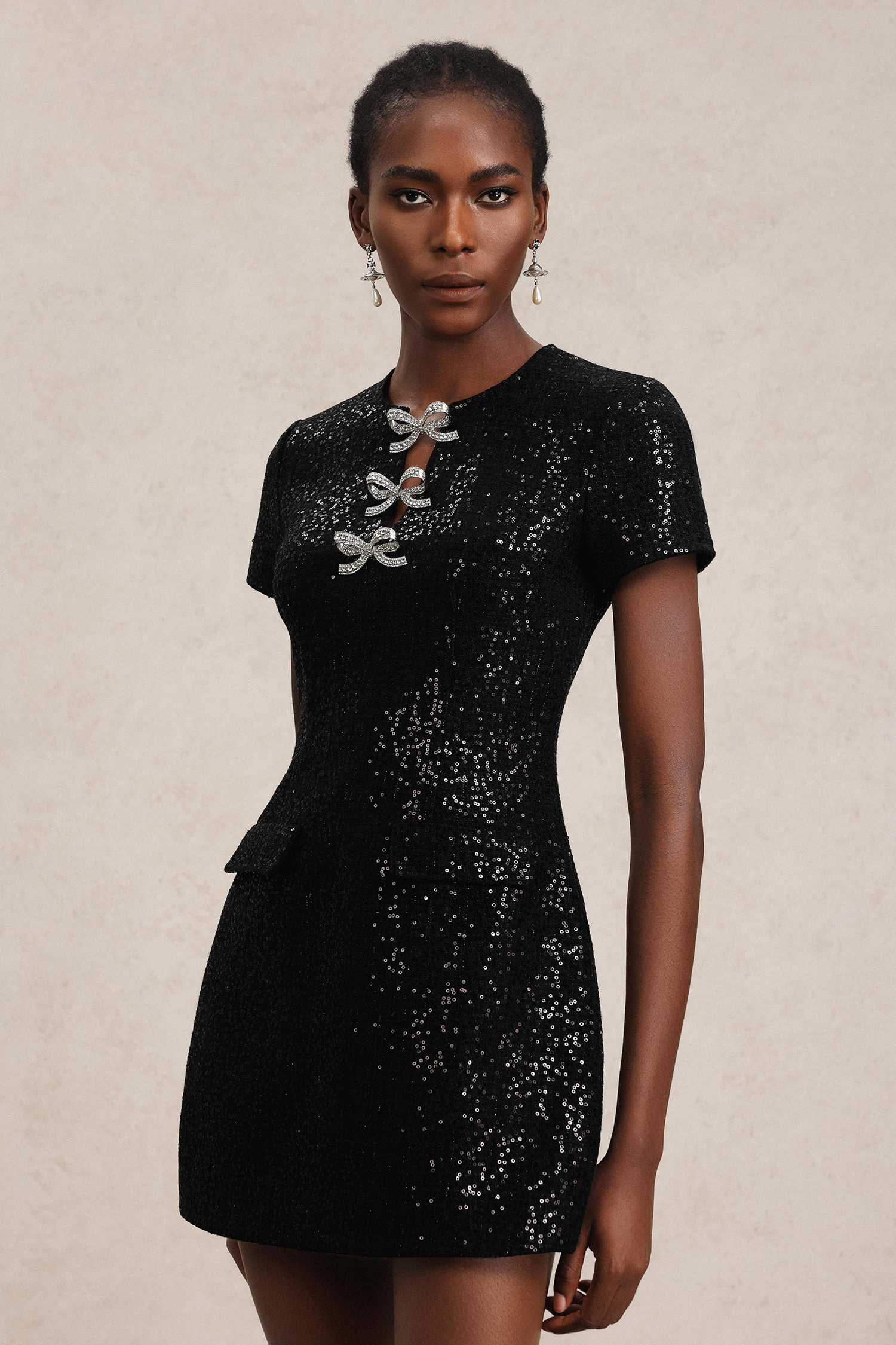 Erele Short Sleeves Bowknot Sequin Mini Dress