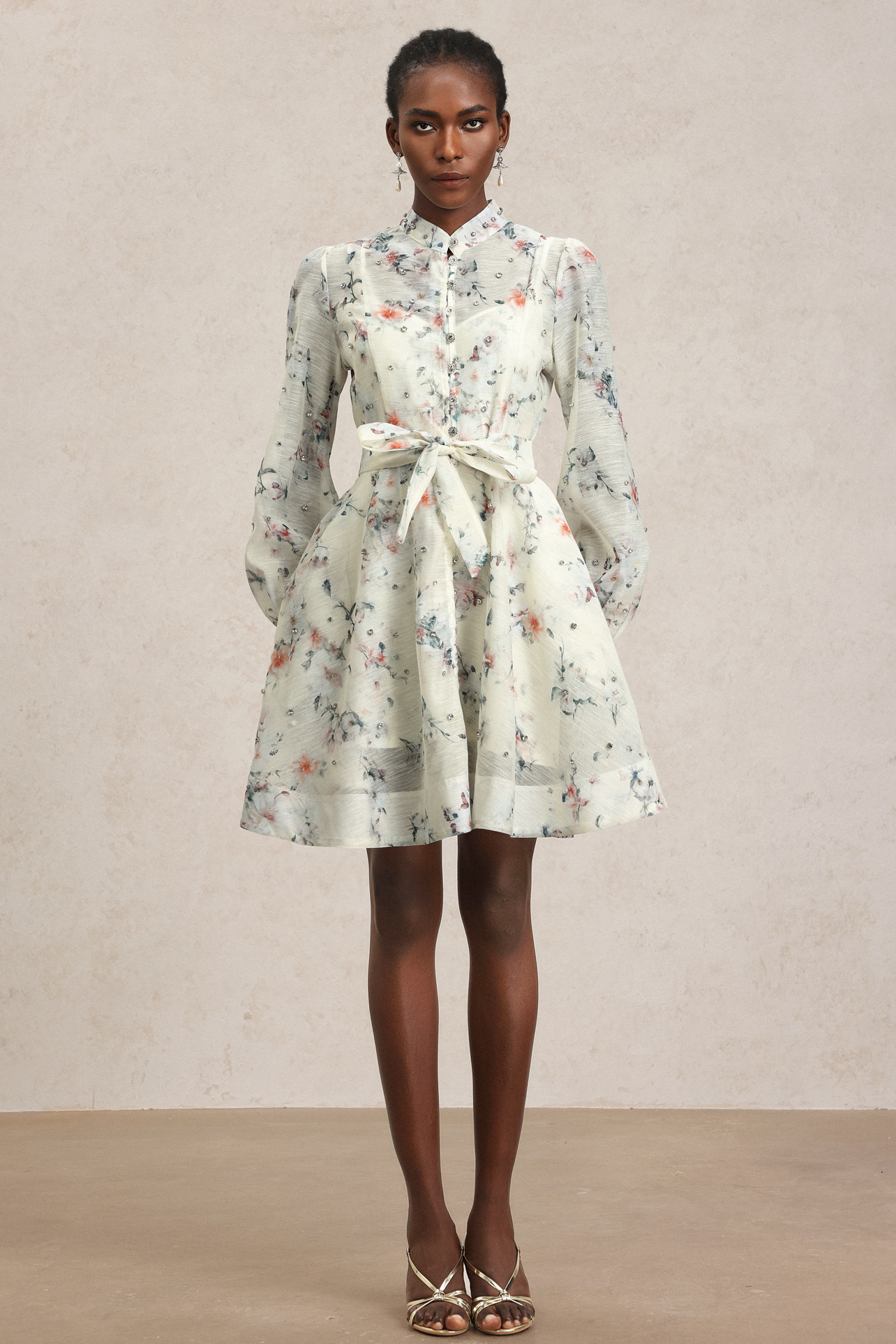 Jikisy Long Sleeve Diamond Floral Printed Mini Dress