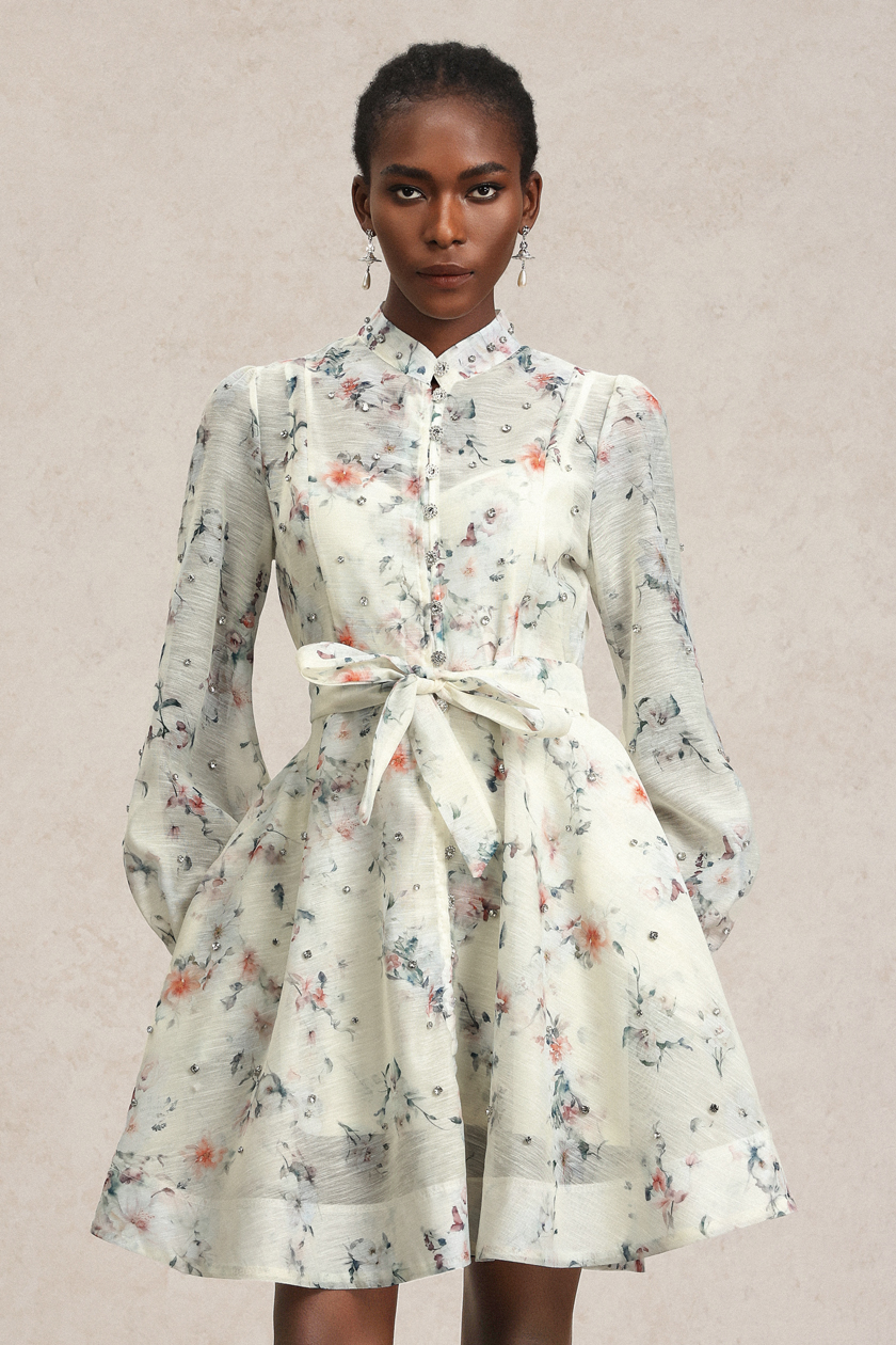 Jikisy Long Sleeve Diamond Floral Printed Mini Dress