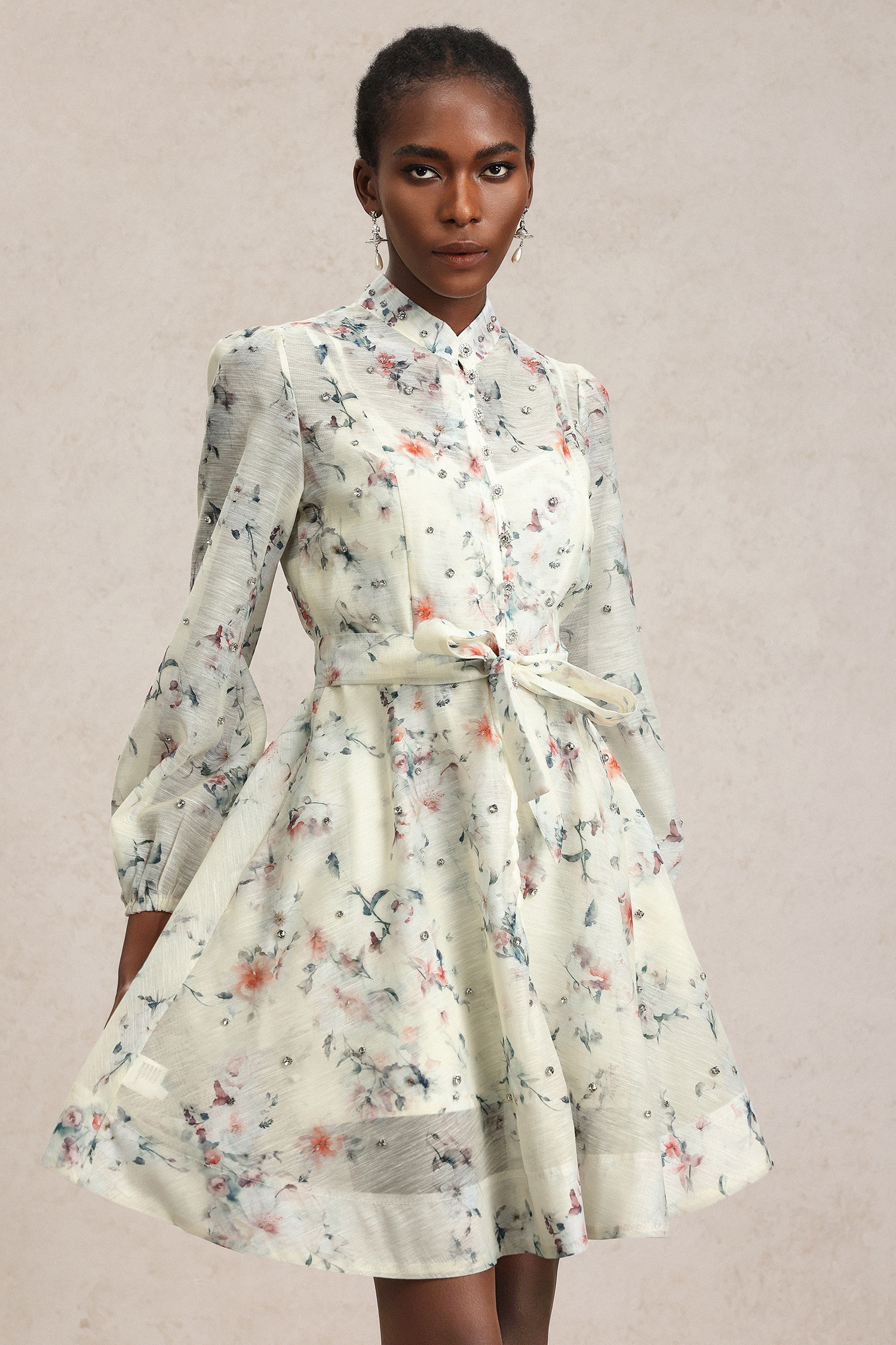 Jikisy Long Sleeve Diamond Floral Printed Mini Dress