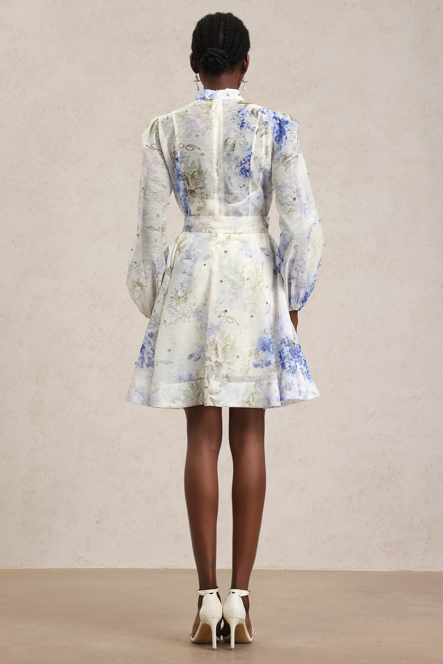 Demily Long Sleeve Floral Printed Diamond Mini Dress