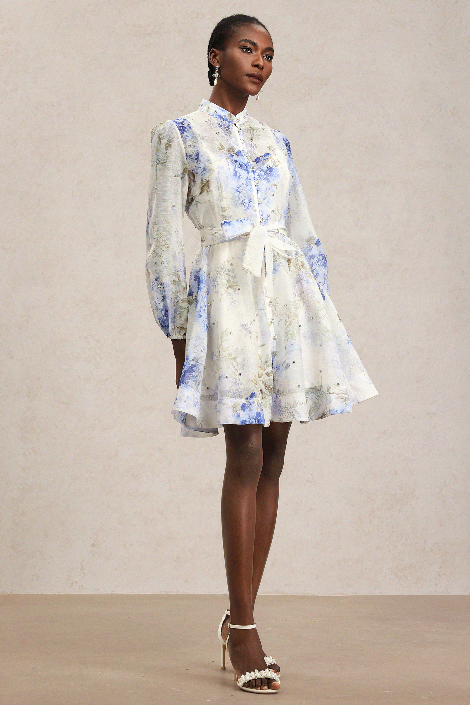 Demily Long Sleeve Floral Printed Diamond Mini Dress