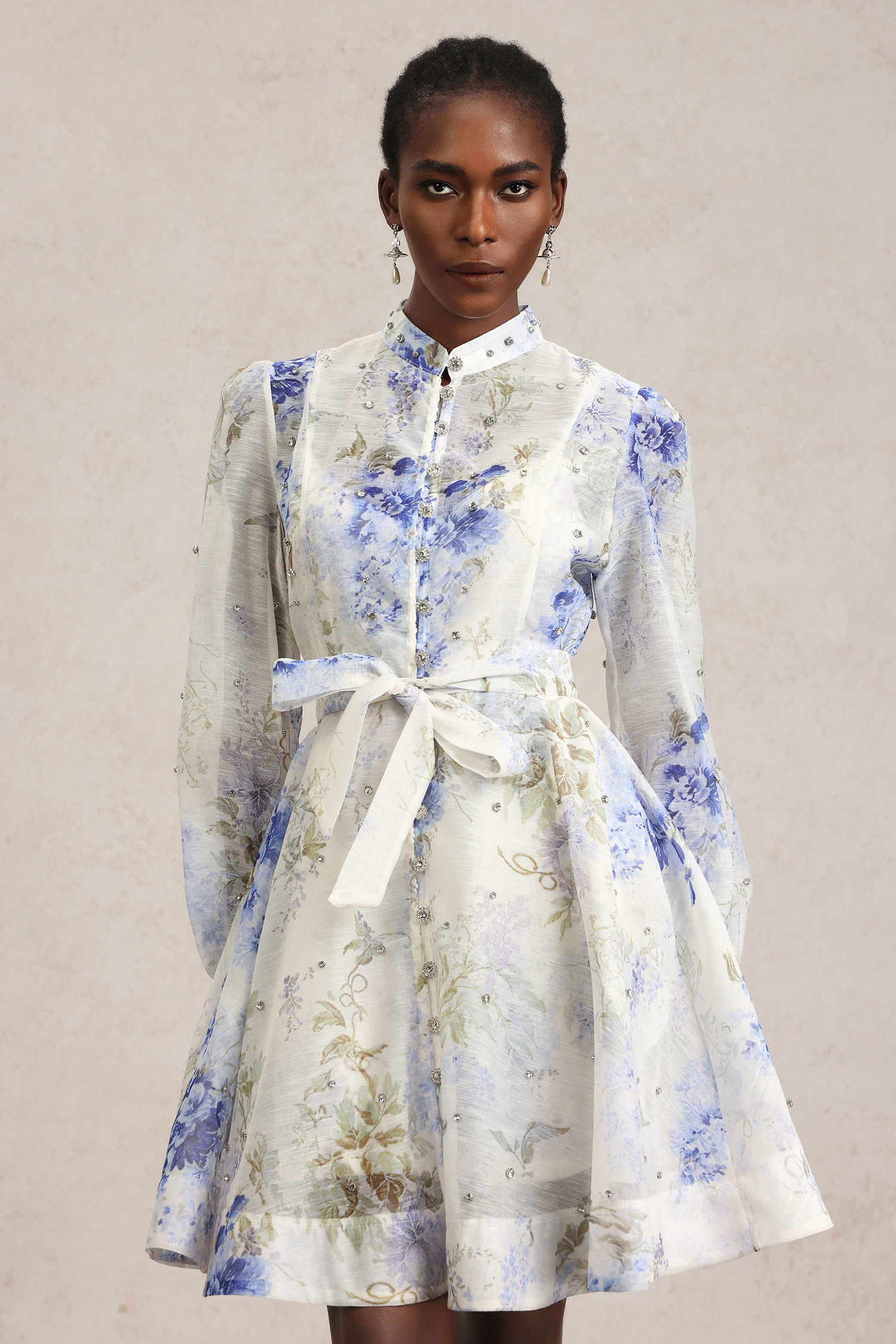 Demily Long Sleeve Floral Printed Diamond Mini Dress