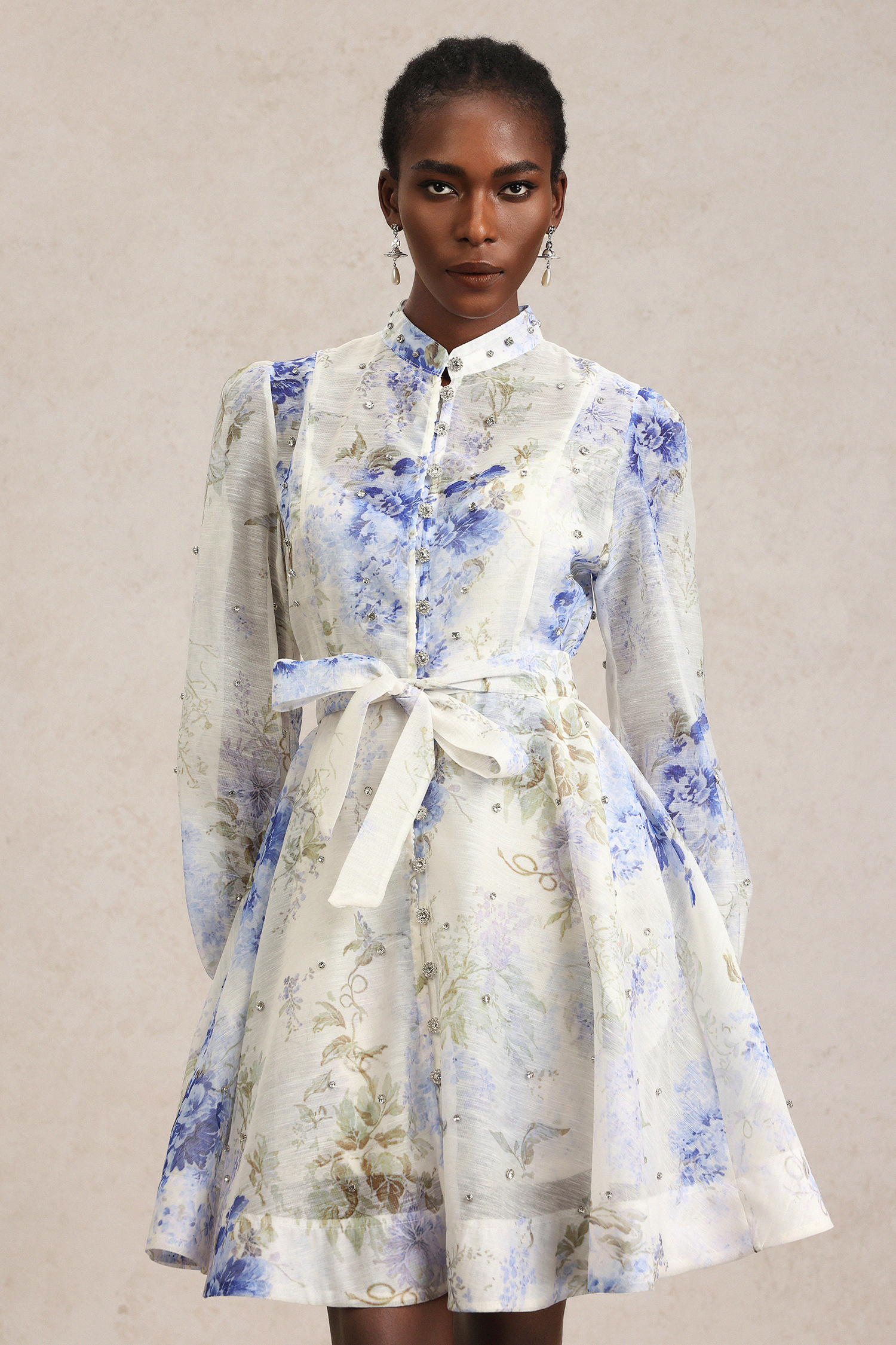 Demily Long Sleeve Floral Printed Diamond Mini Dress