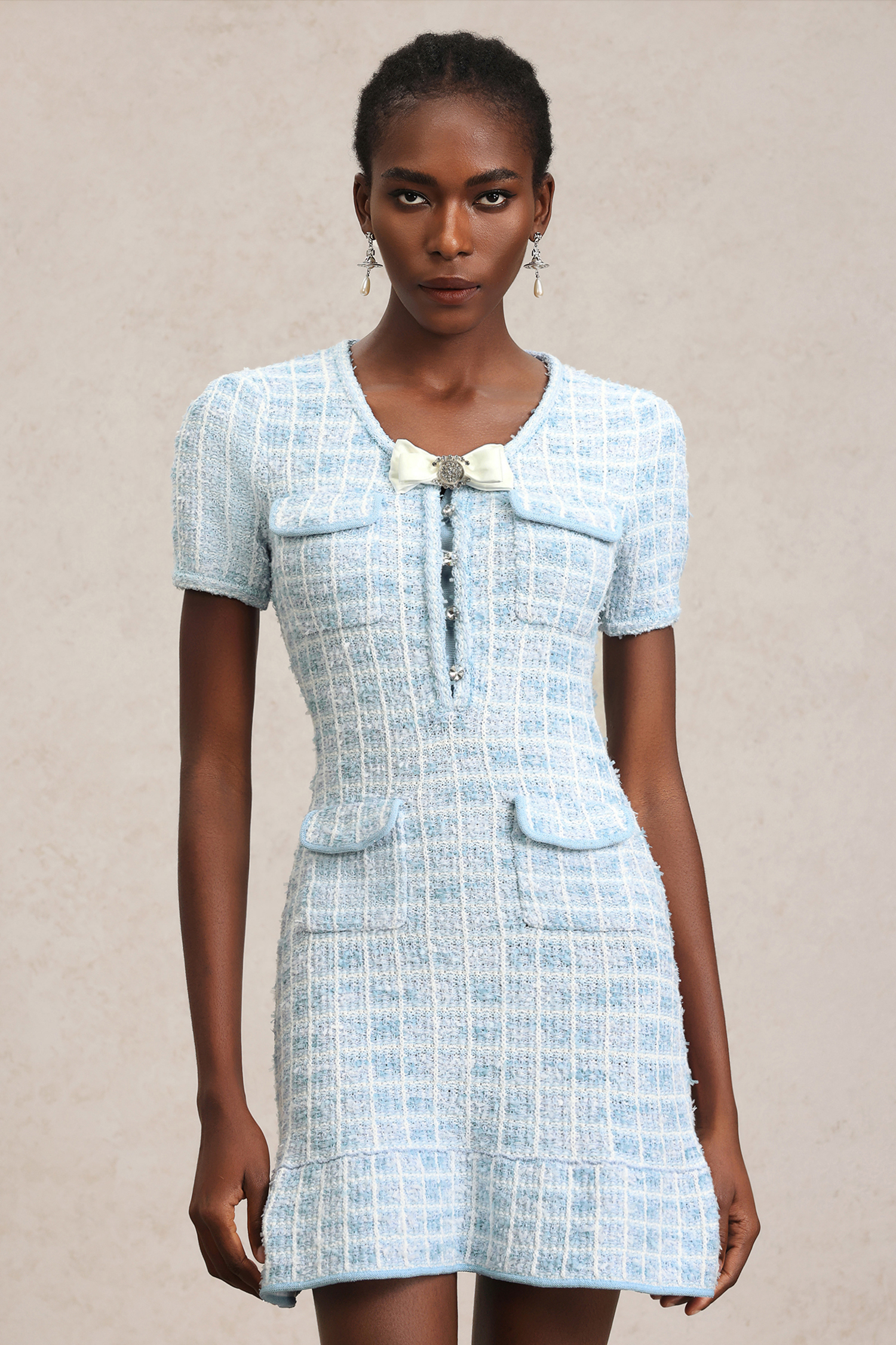Yuco Bowknot Short Sleeves Round Neck Mini Dress