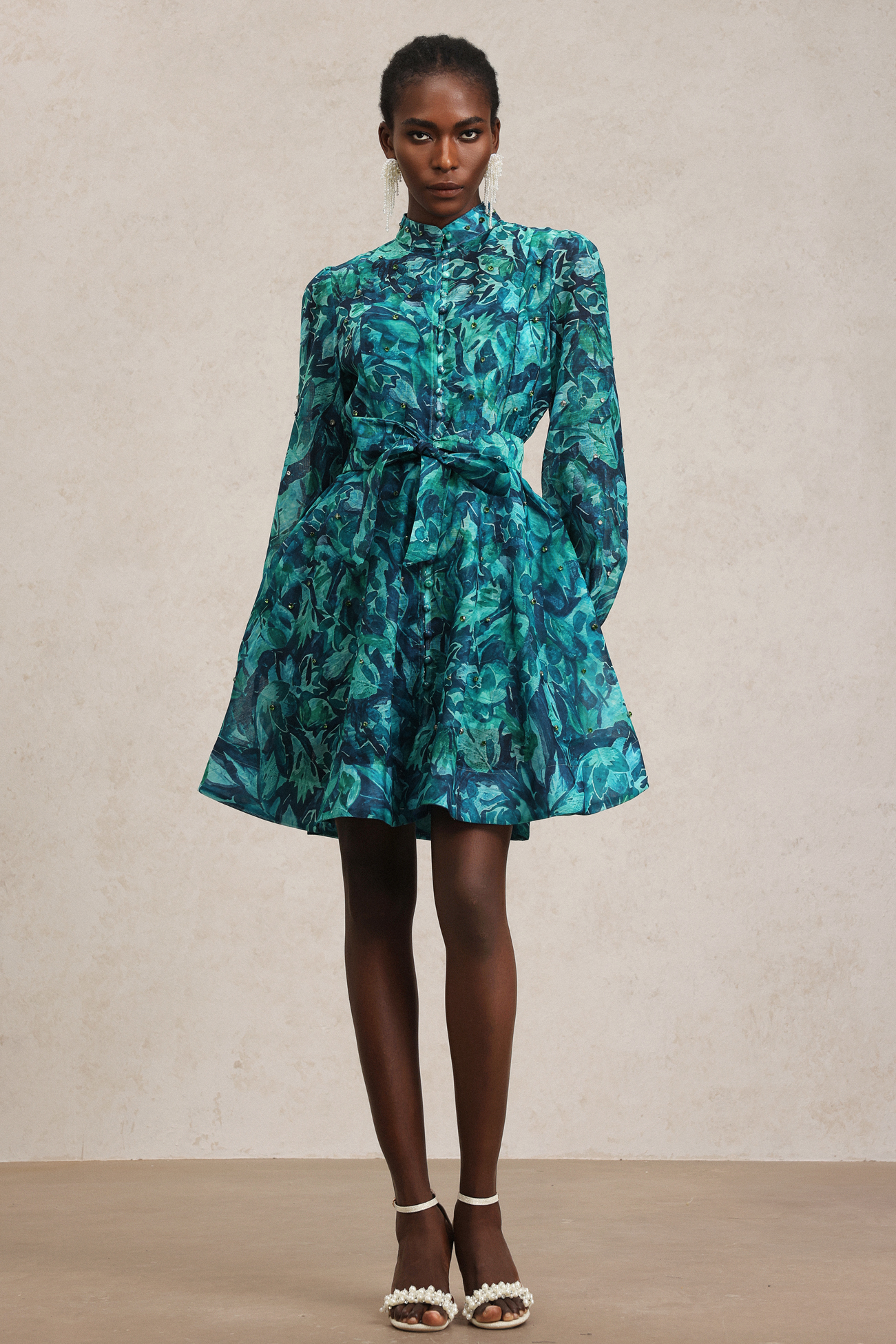 Elleri Long Sleeve Diamond Floral Printed Mini Dress