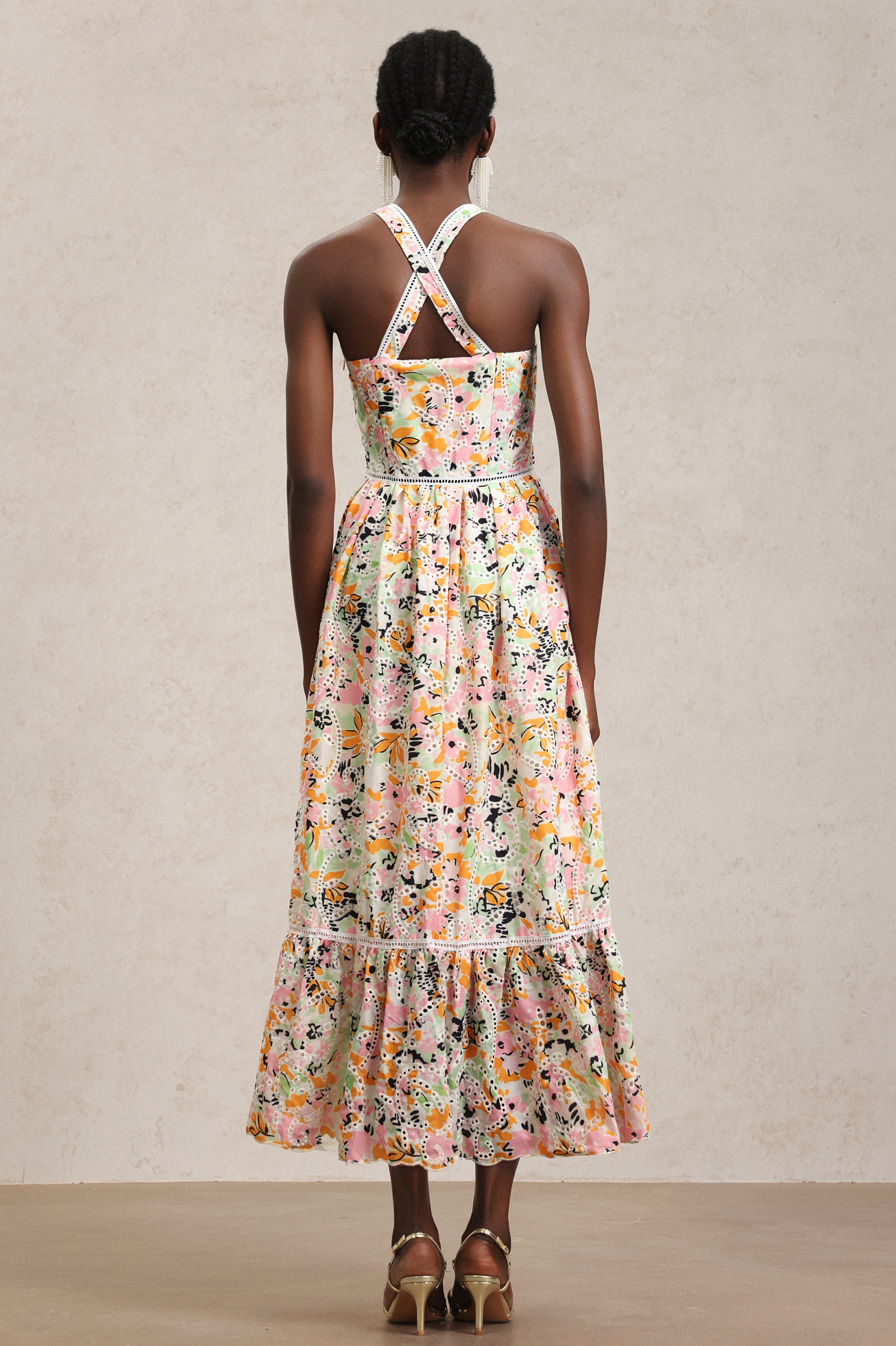 Loru Halter Floral Printed Lace Maxi Dress