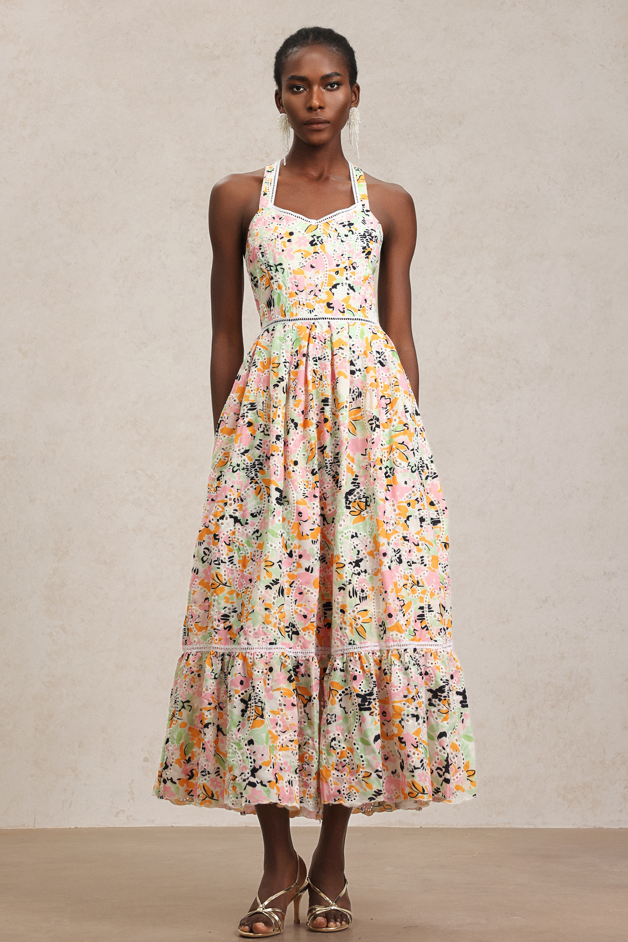 Loru Halter Floral Printed Lace Maxi Dress