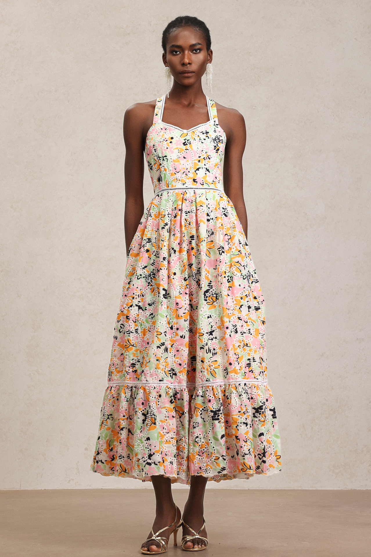Loru Halter Floral Printed Lace Maxi Dress