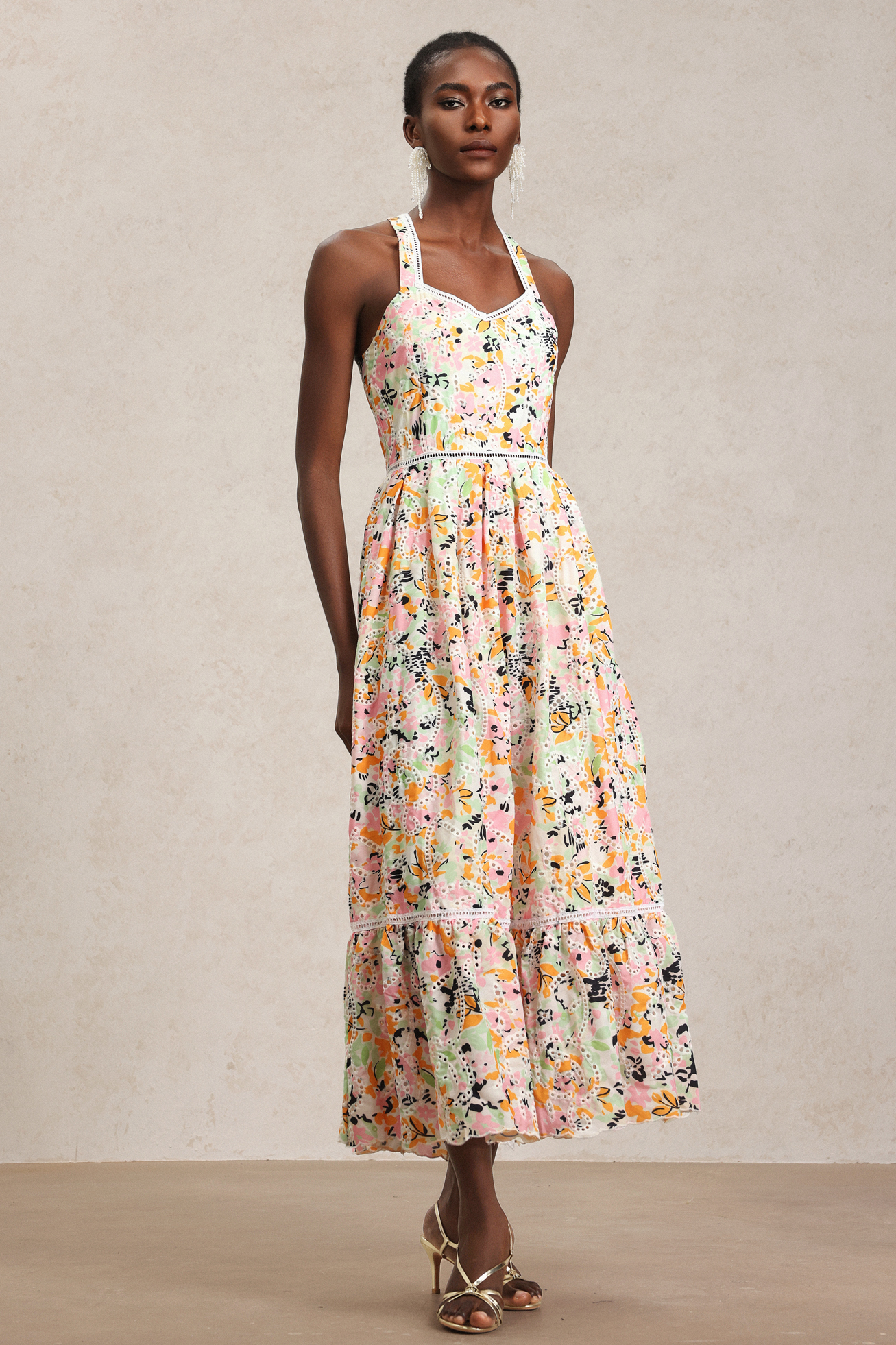 Loru Halter Floral Printed Lace Maxi Dress