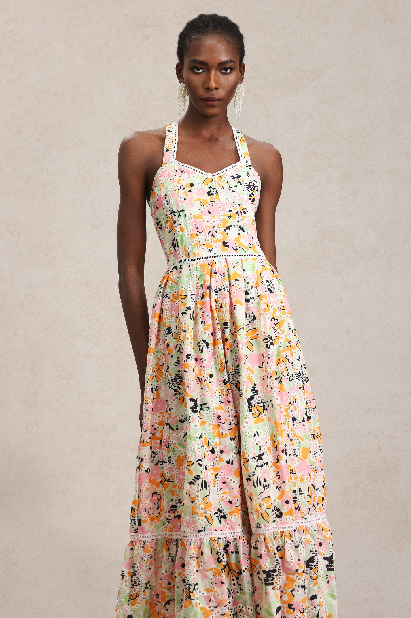 Loru Halter Floral Printed Lace Maxi Dress