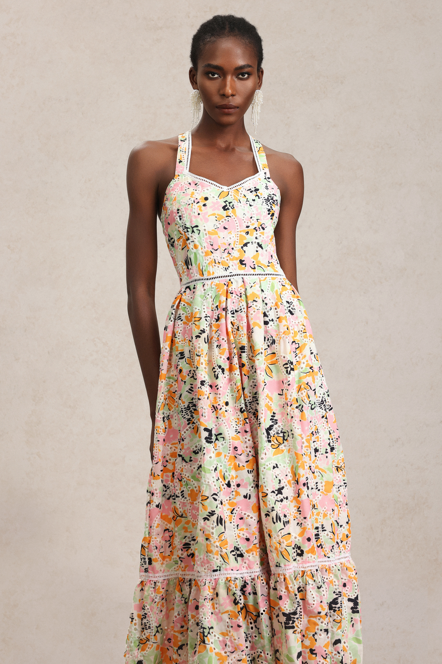 Loru Halter Floral Printed Lace Maxi Dress