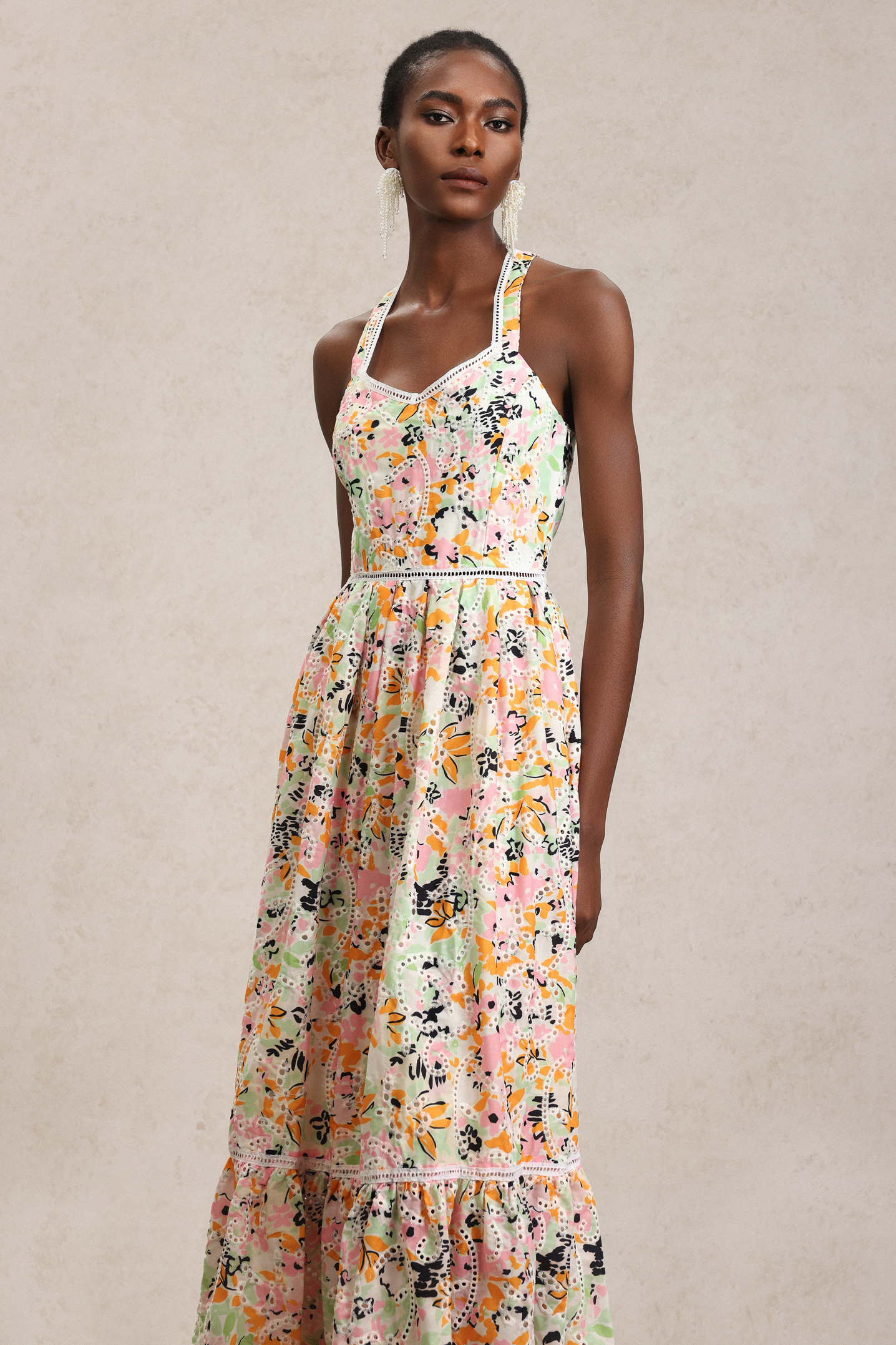 Loru Halter Floral Printed Lace Maxi Dress