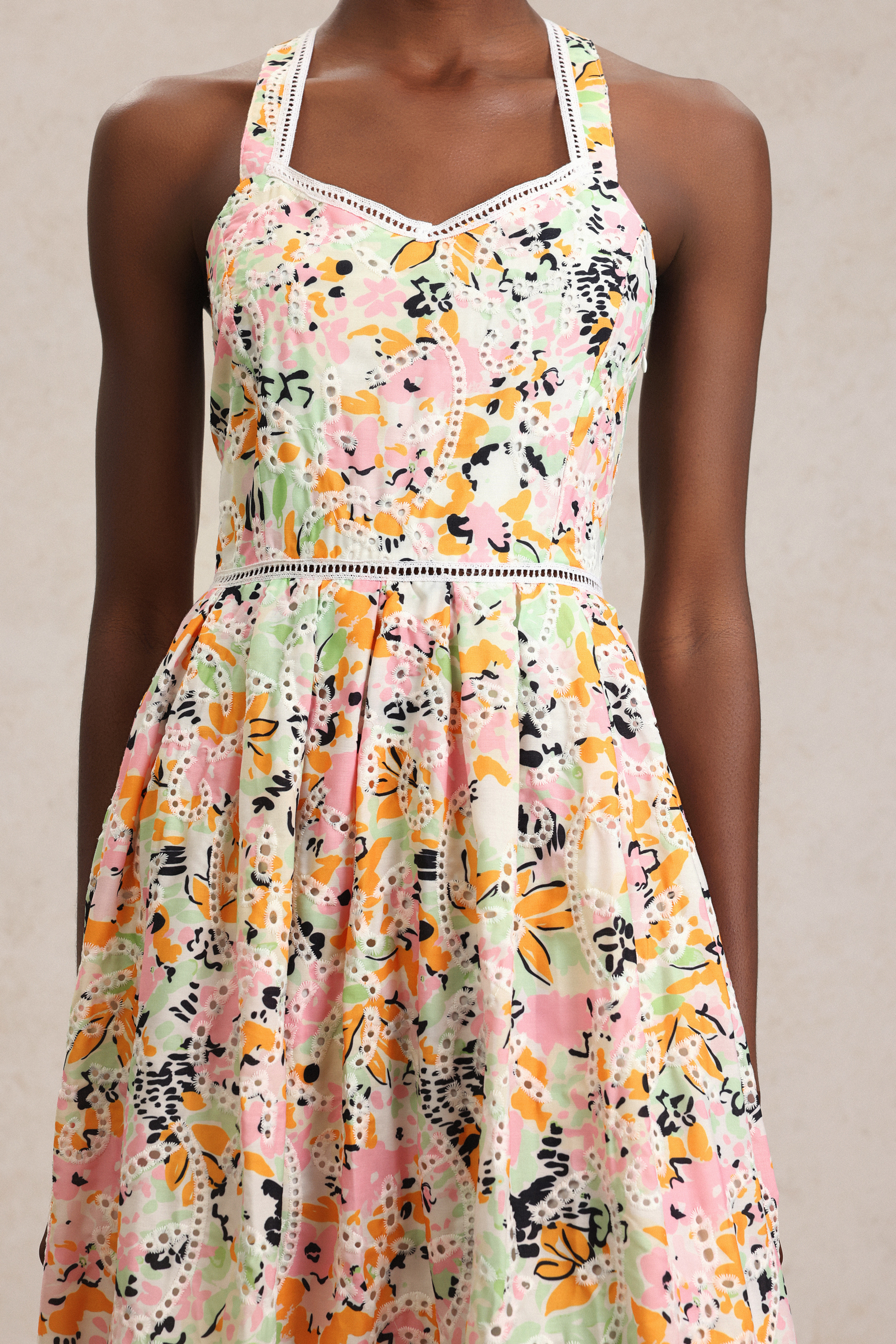 Loru Halter Floral Printed Lace Maxi Dress