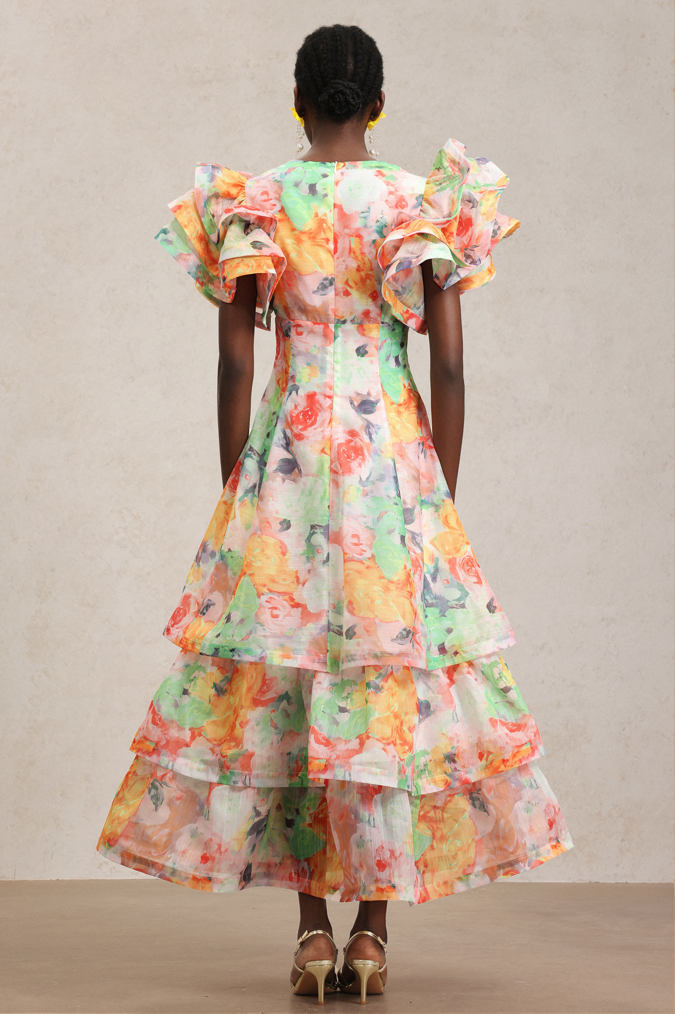Winola Printed V-Neck Folds Layered Maxi Dress