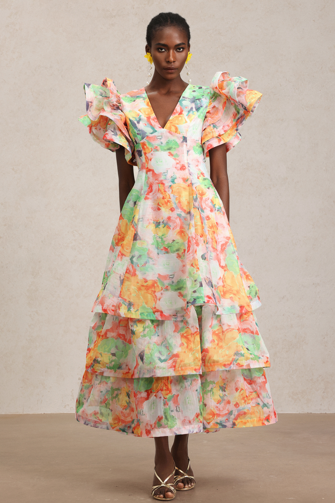 Winola Printed V-Neck Folds Layered Maxi Dress