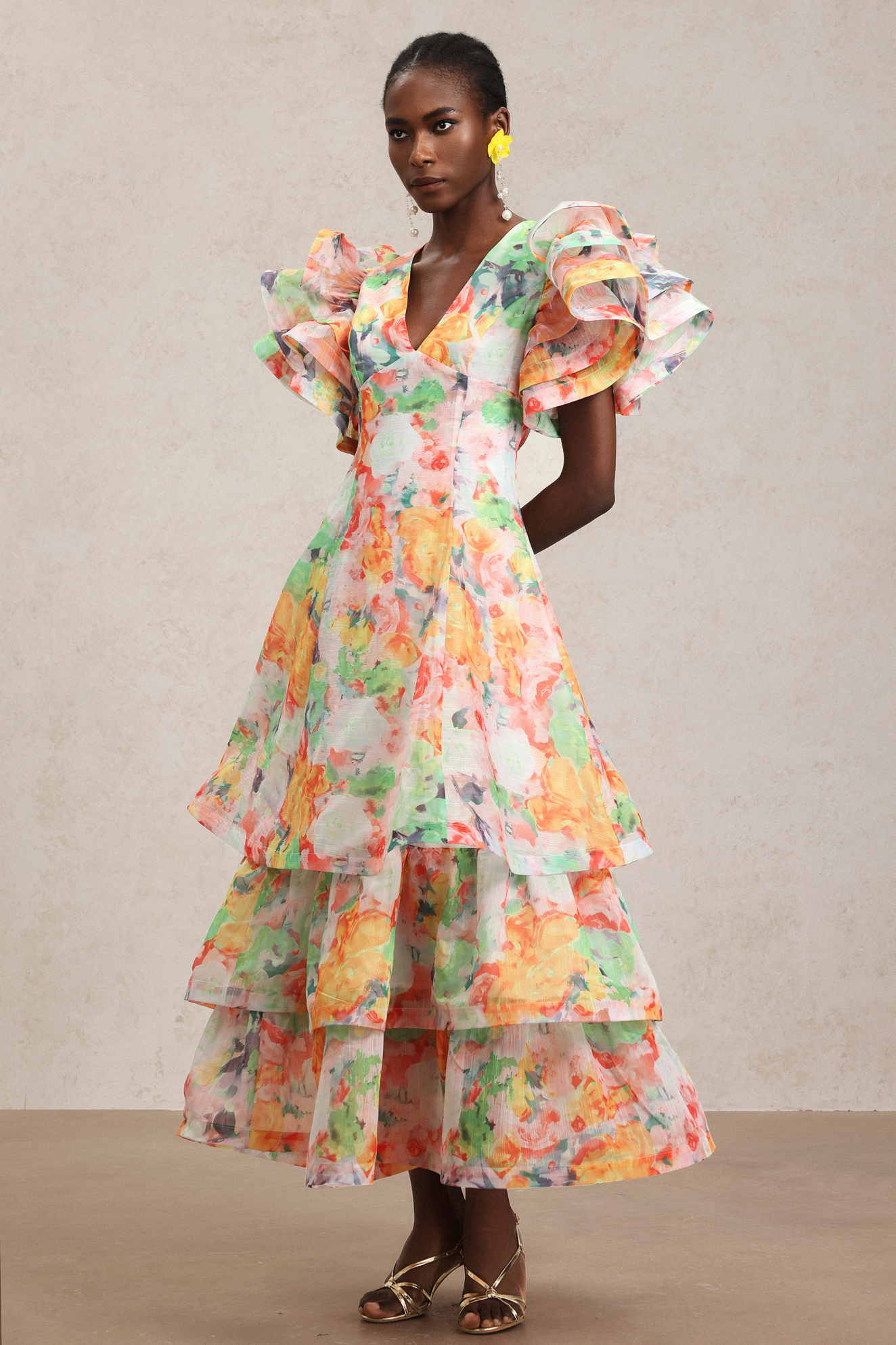 Winola Printed V-Neck Folds Layered Maxi Dress