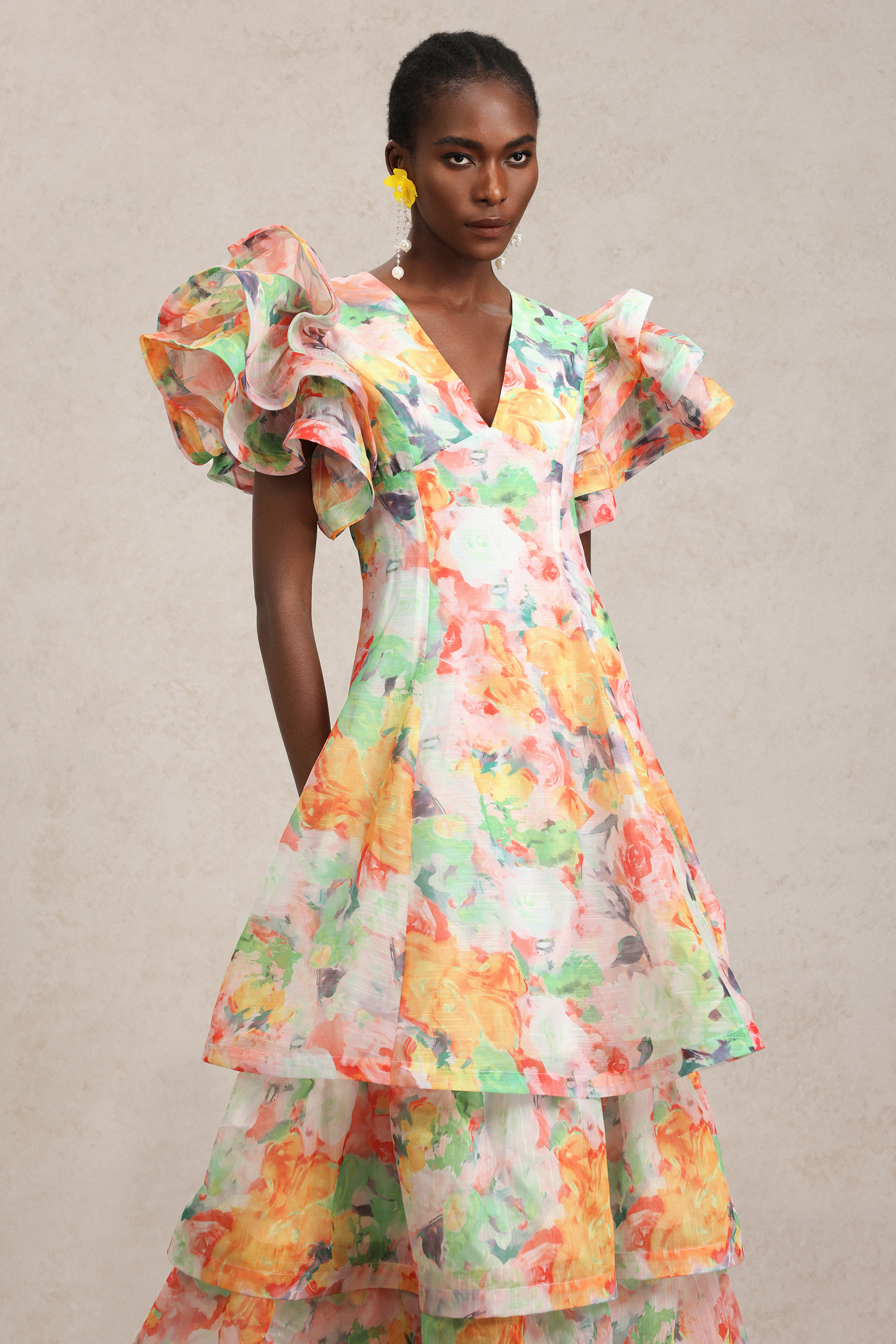Winola Printed V-Neck Folds Layered Maxi Dress