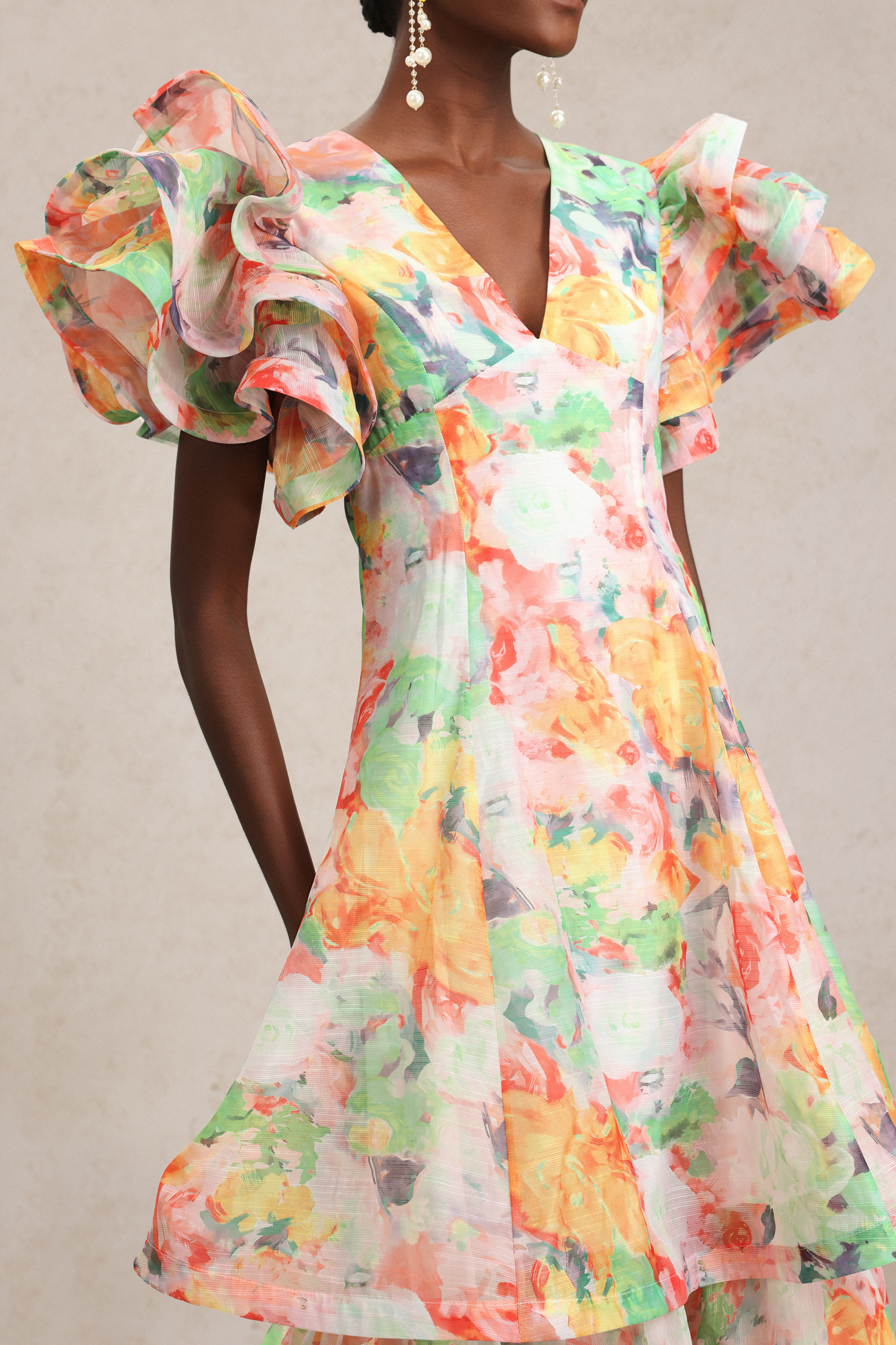 Winola Printed V-Neck Folds Layered Maxi Dress