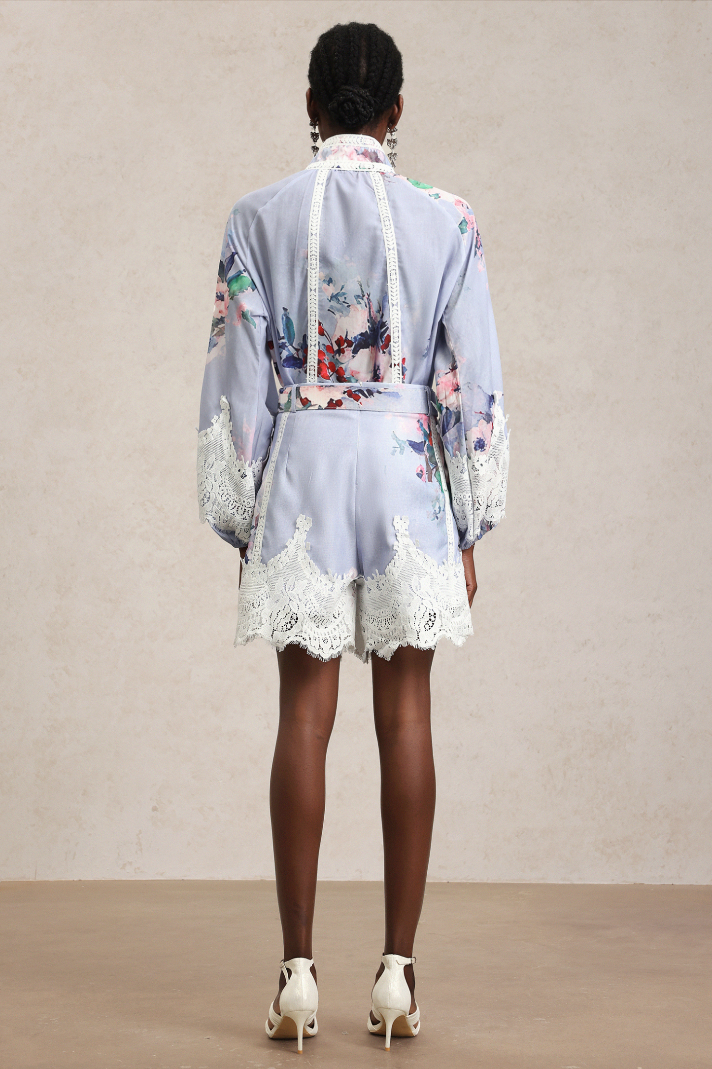 Ganaba Long Sleeve Floral Printed Lace Top And Shorts Two-Piece Set