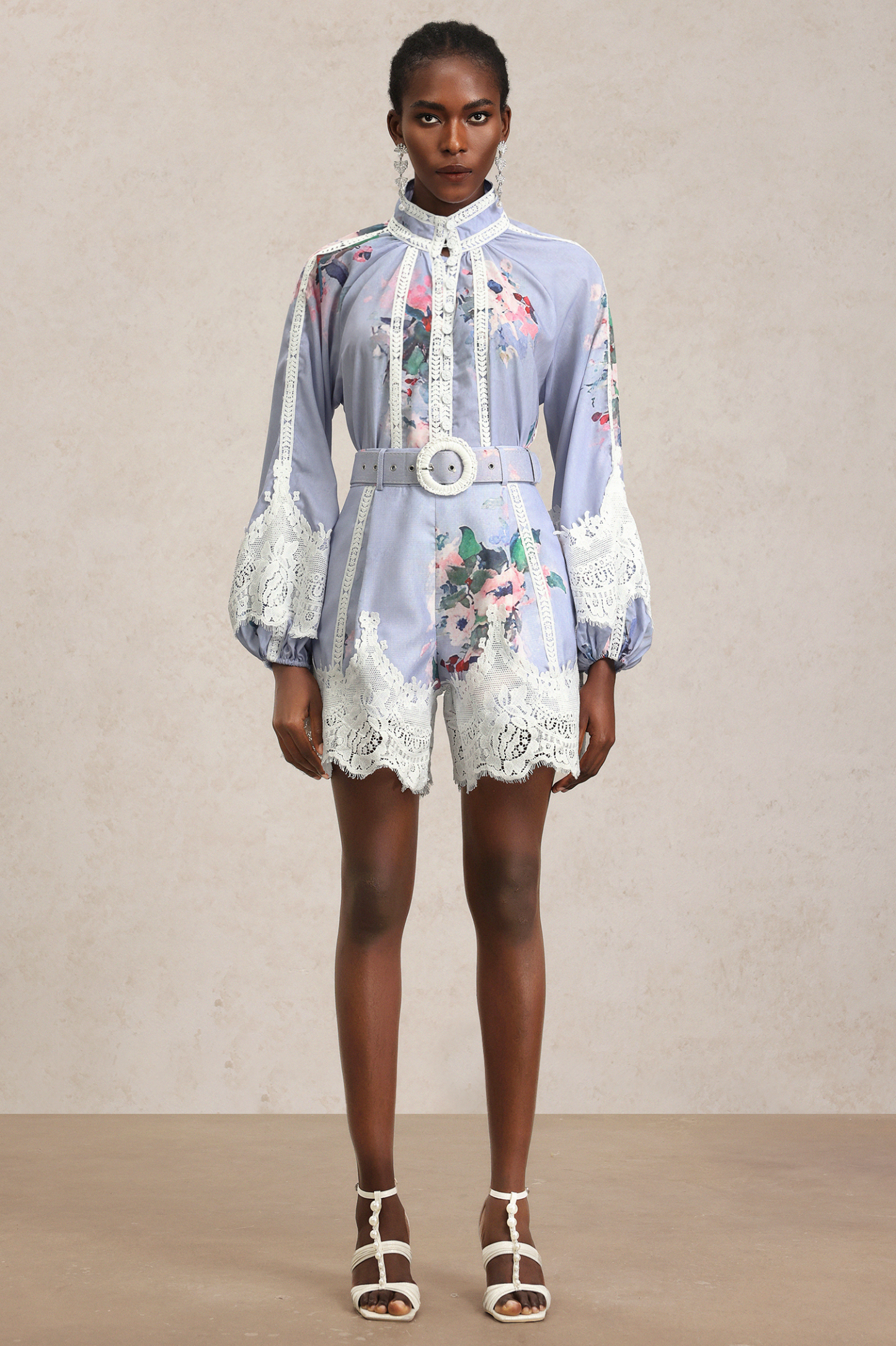 Ganaba Long Sleeve Floral Printed Lace Top And Shorts Two-Piece Set