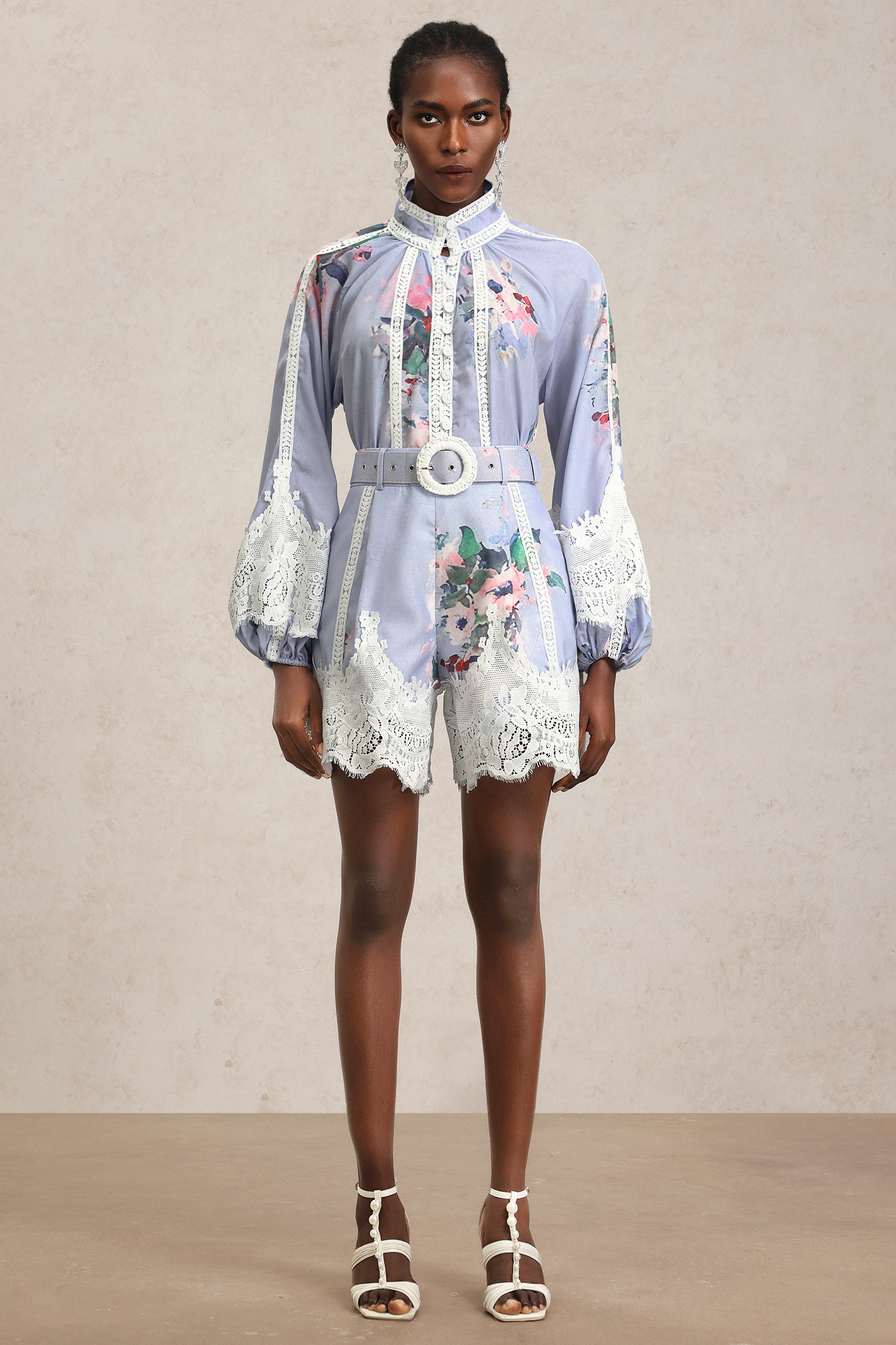 Ganaba Long Sleeve Floral Printed Lace Top And Shorts Two-Piece Set